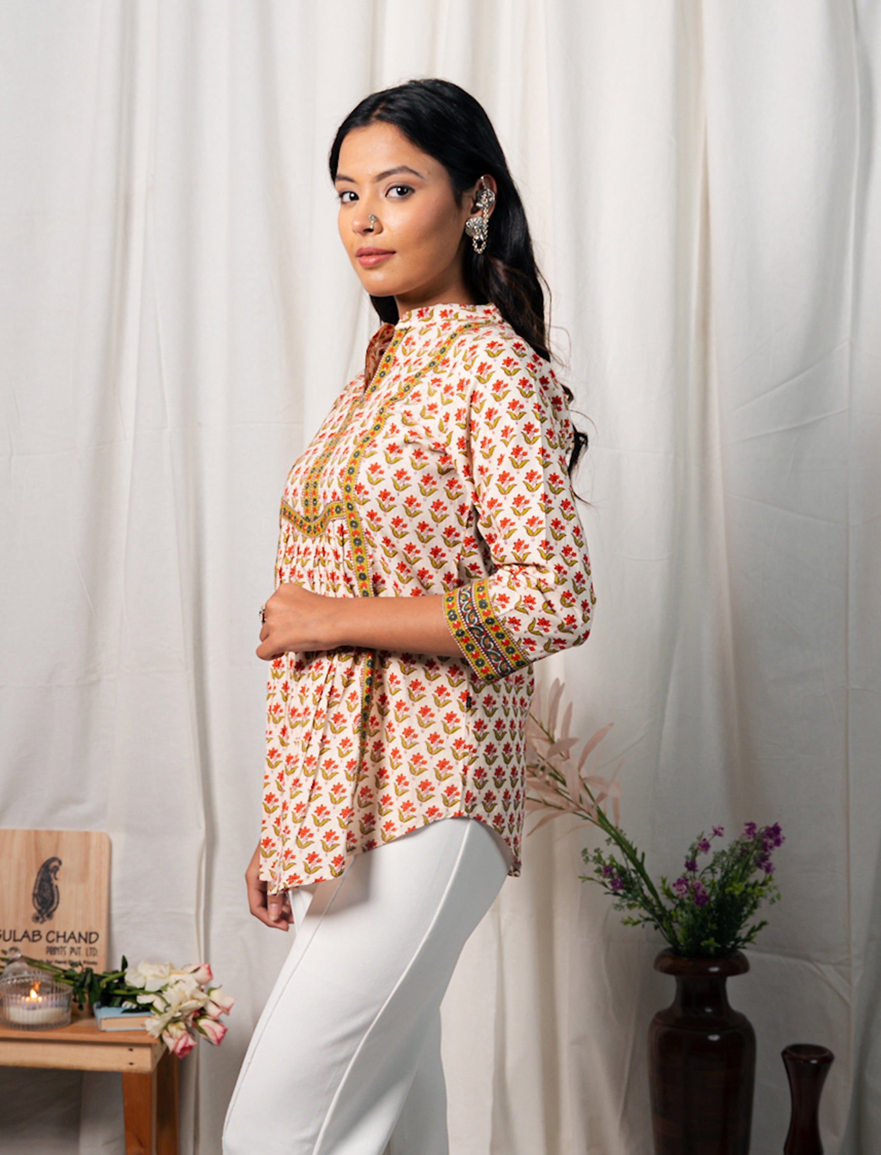 White Yellow Cotton Hand Block Printed Top