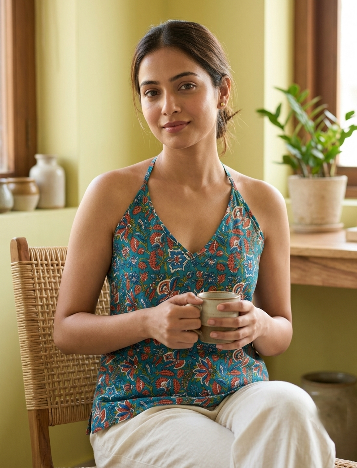 Cotton Printed Halter Neck Top With Back Corset