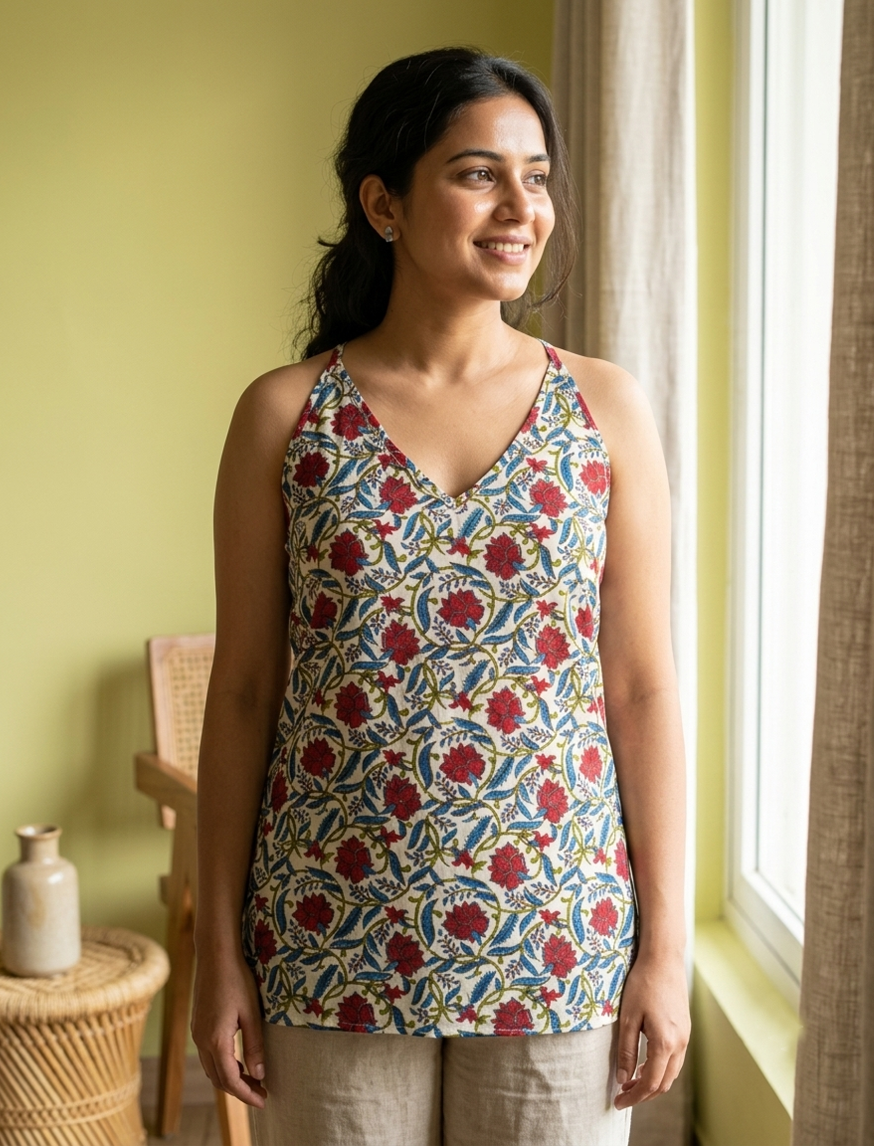 Cotton Printed Halter Neck Top With Back Corset