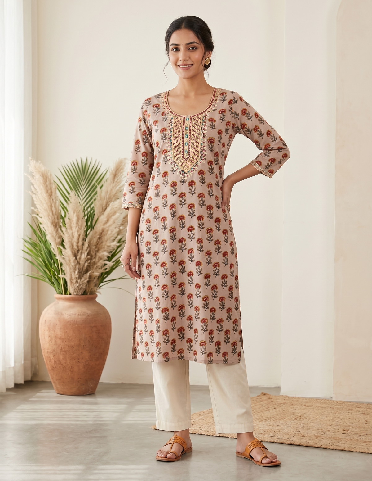 Beige Butti Printed Cotton Straight Kurti With Front Yoke Hand Embroidery Work