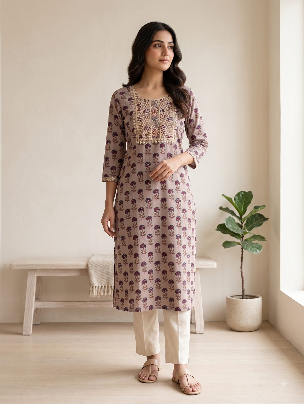 Beige Butti Printed Cotton Straight Kurti With Front Yoke Hand Embroidery Work