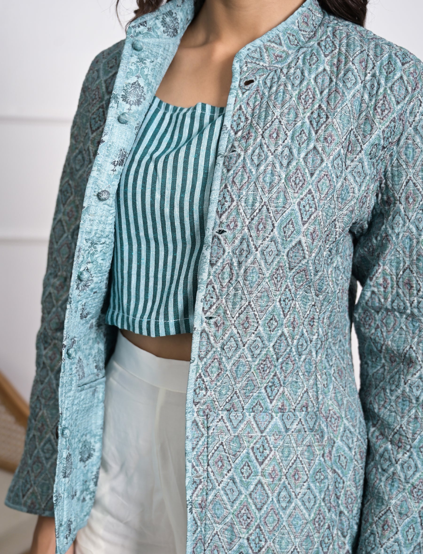 Silk Block Printed Reversible Winter Jacket
