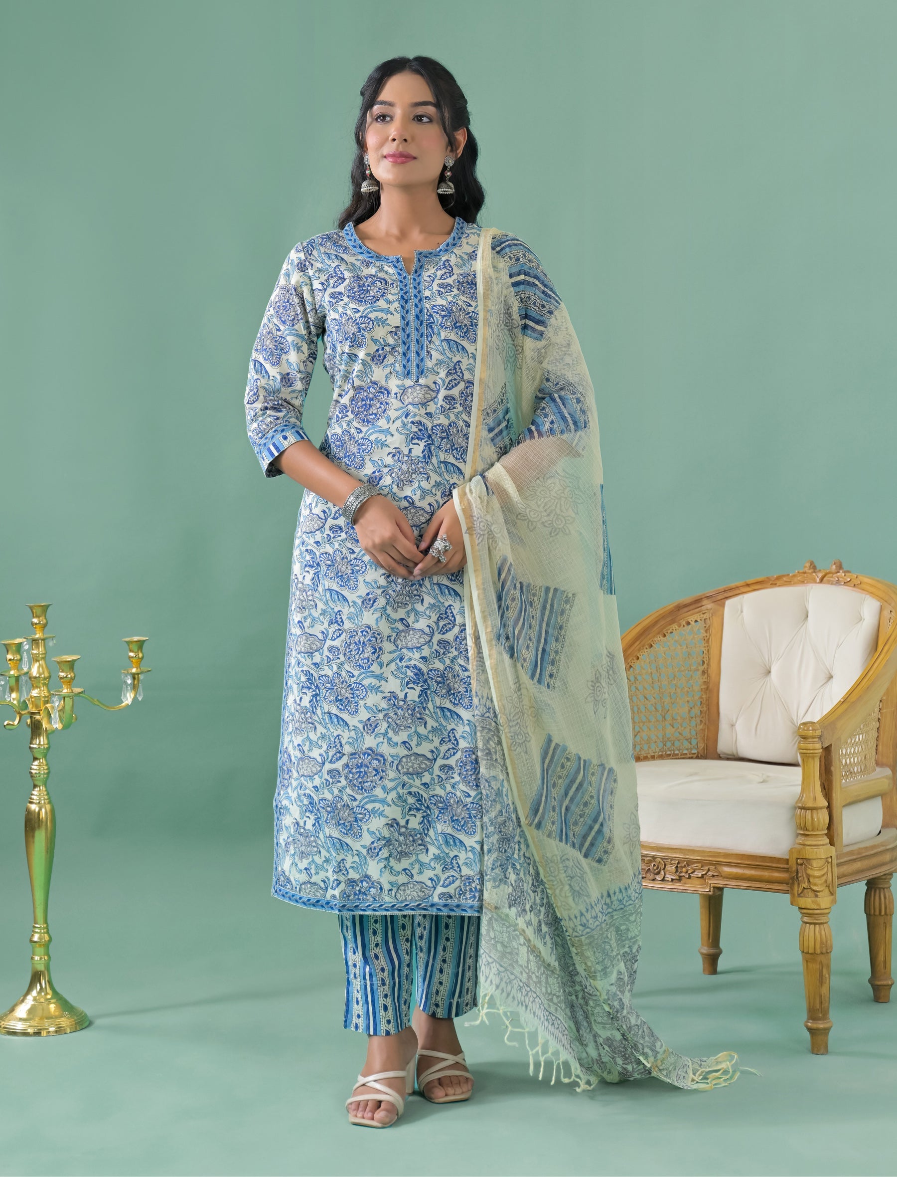 Block Printed Cotton Kurta Pant Set With Mulmul Dupatta