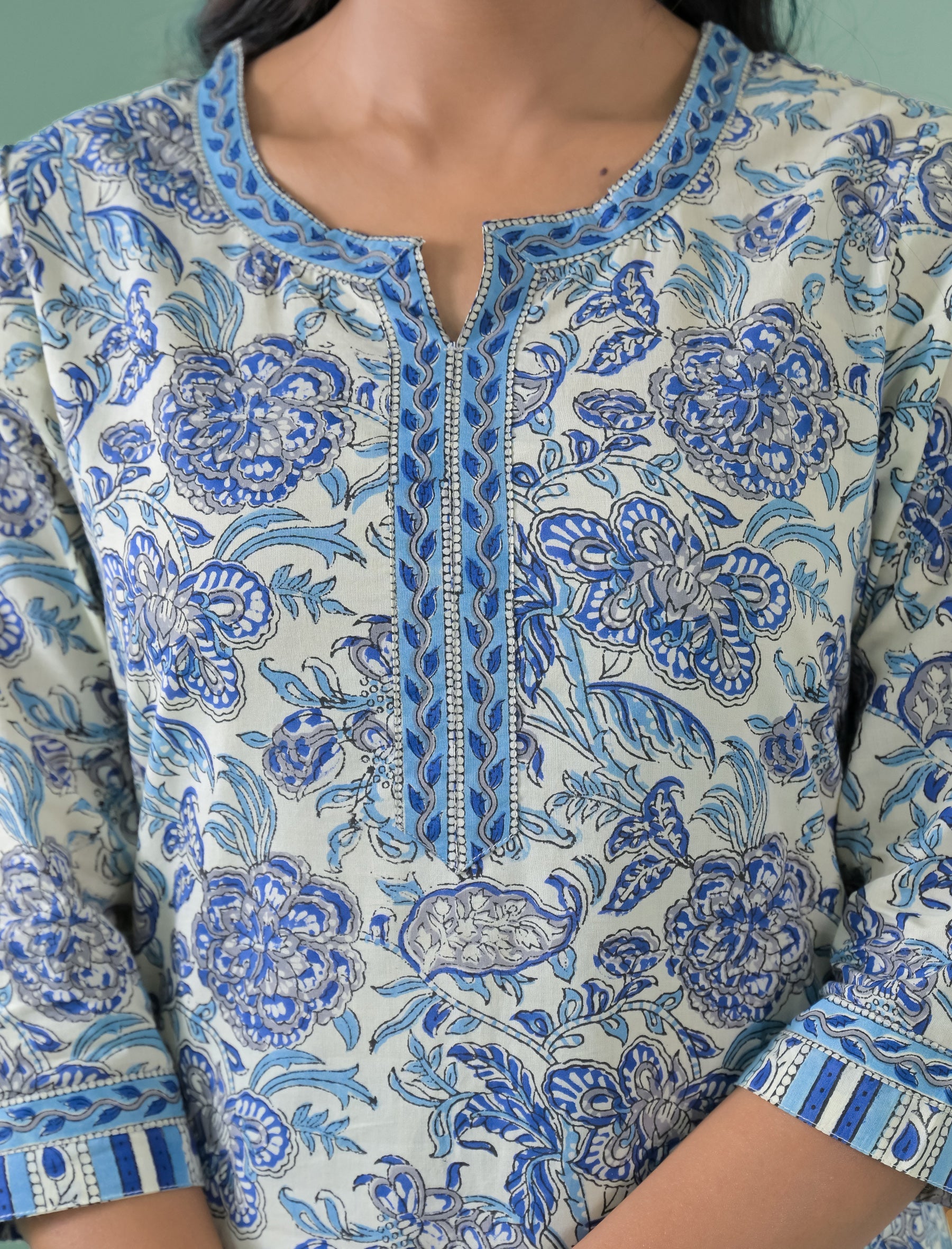 Block Printed Cotton Kurta Pant Set With Mulmul Dupatta