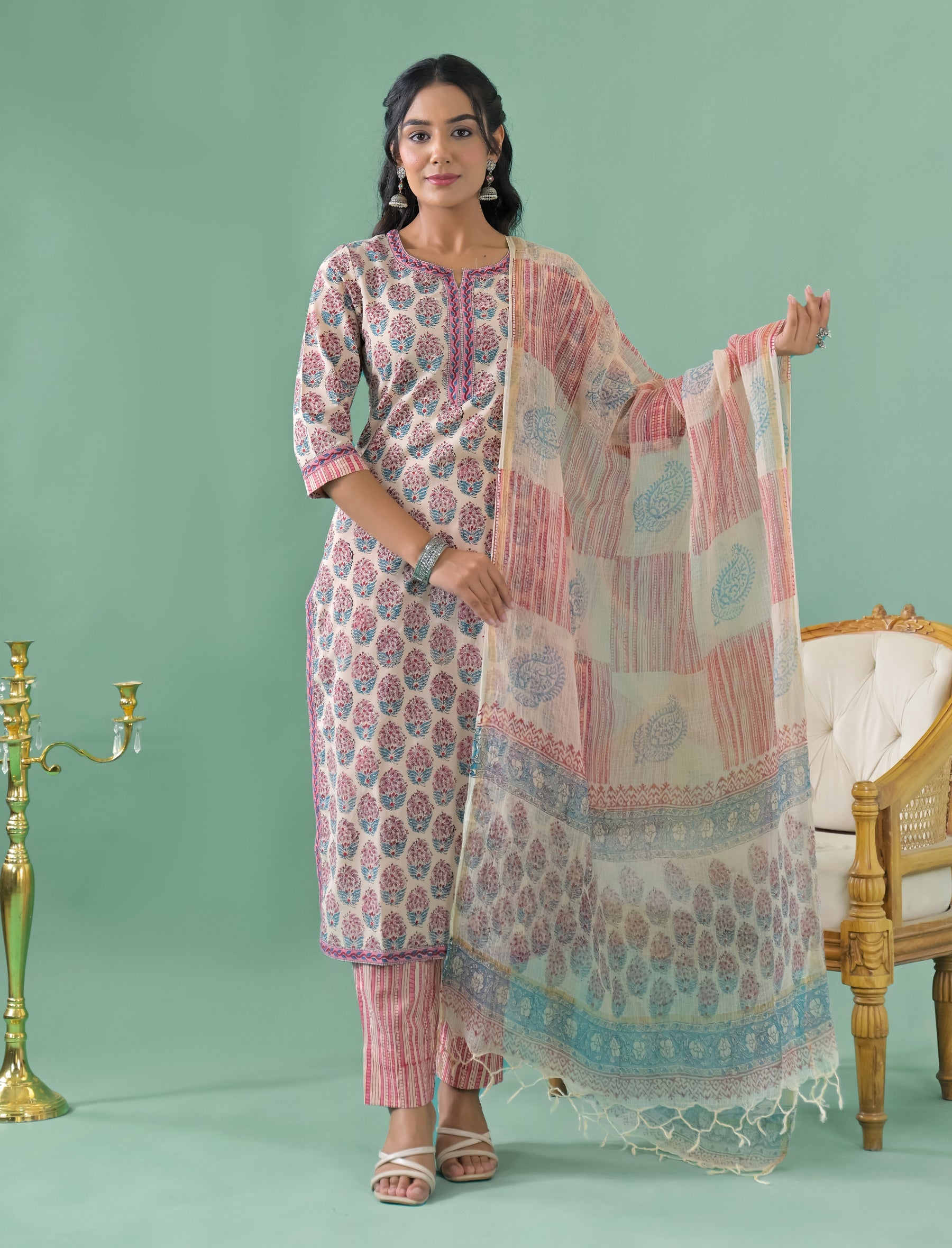 Block Printed Cotton Kurta Pant Set With Mulmul Dupatta