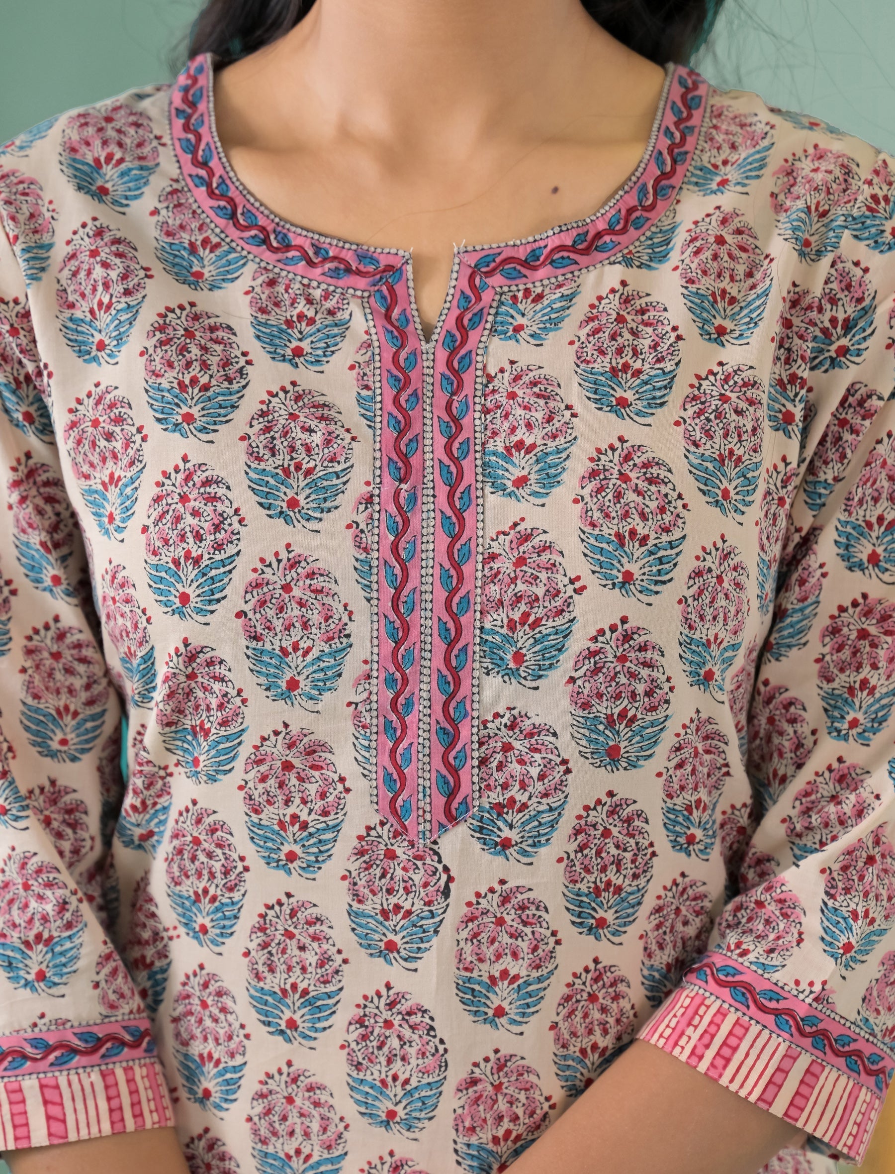 Block Printed Cotton Kurta Pant Set With Mulmul Dupatta