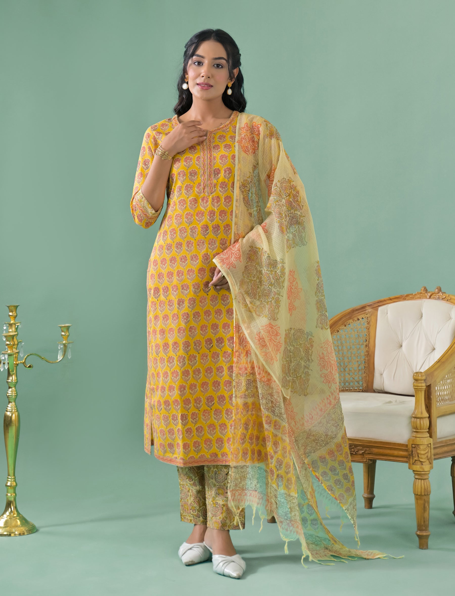 Block Printed Cotton Kurta Pant Set With Mulmul Dupatta