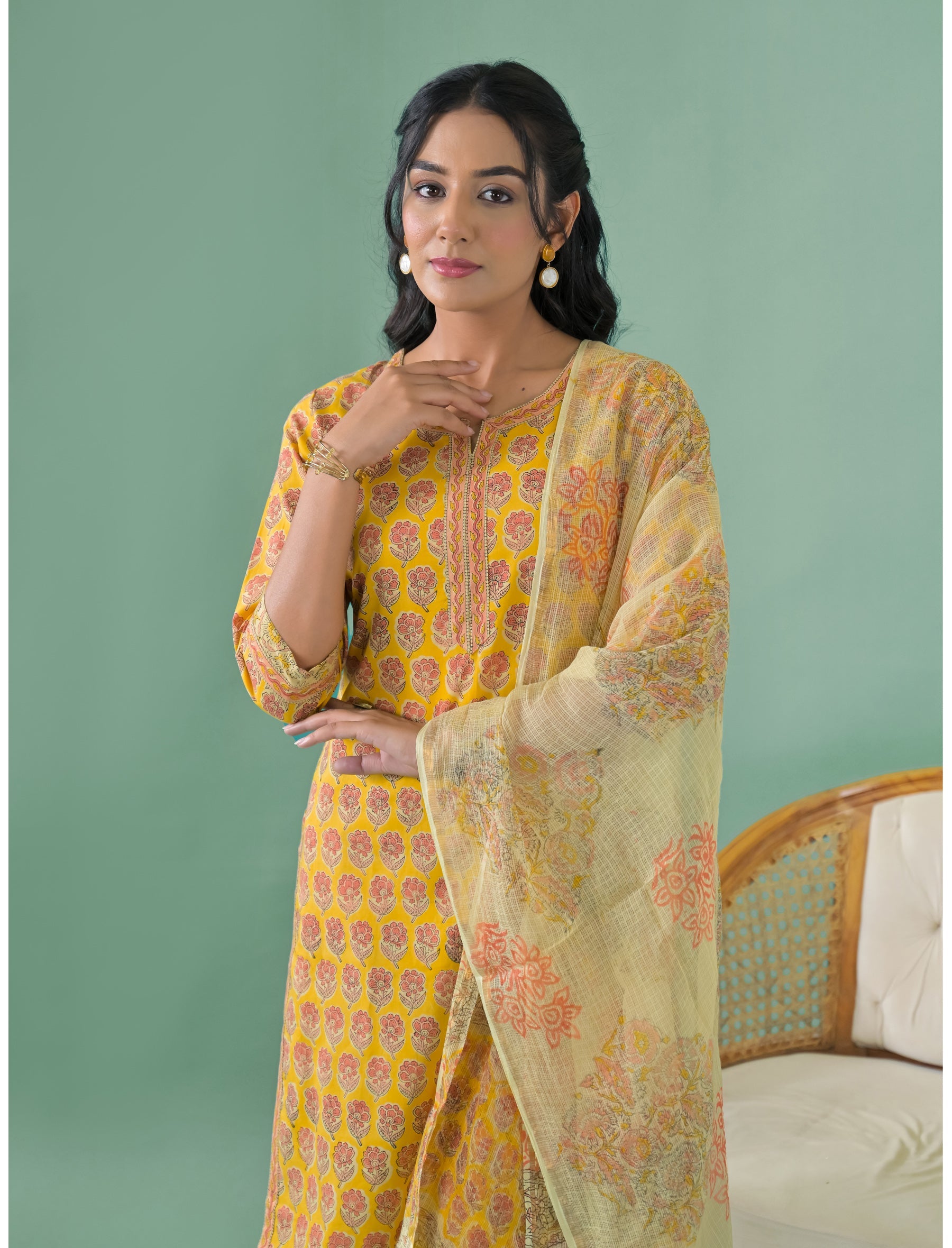 Block Printed Cotton Kurta Pant Set With Mulmul Dupatta