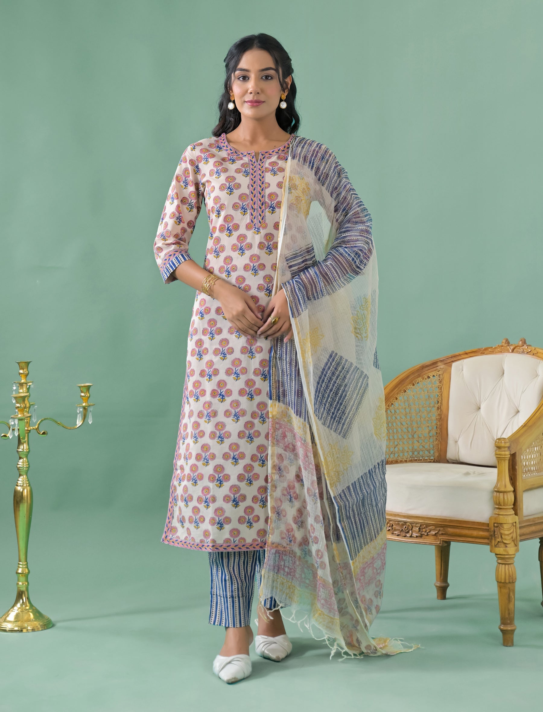 Block Printed Cotton Kurta Pant Set With Mulmul Dupatta