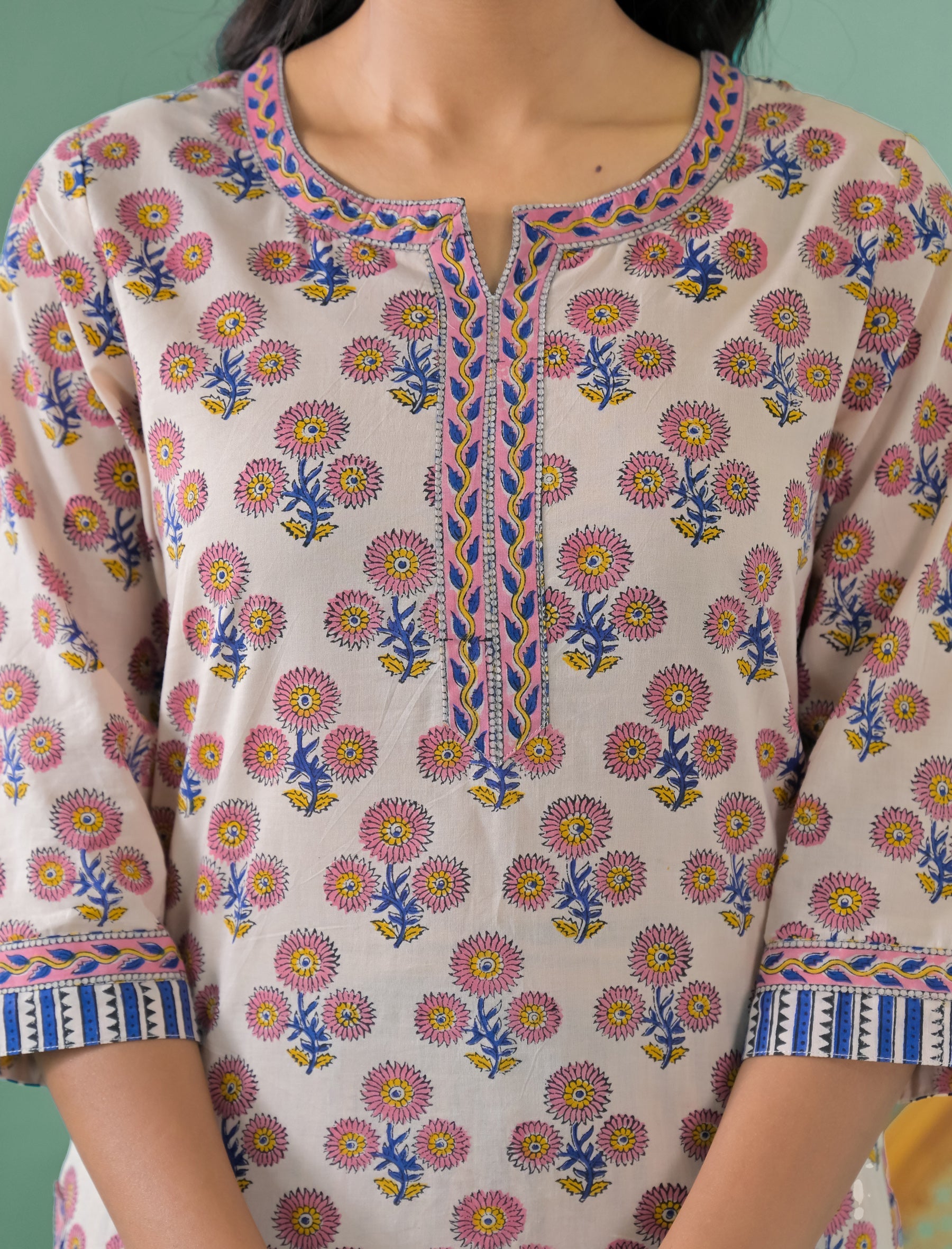 Block Printed Cotton Kurta Pant Set With Mulmul Dupatta