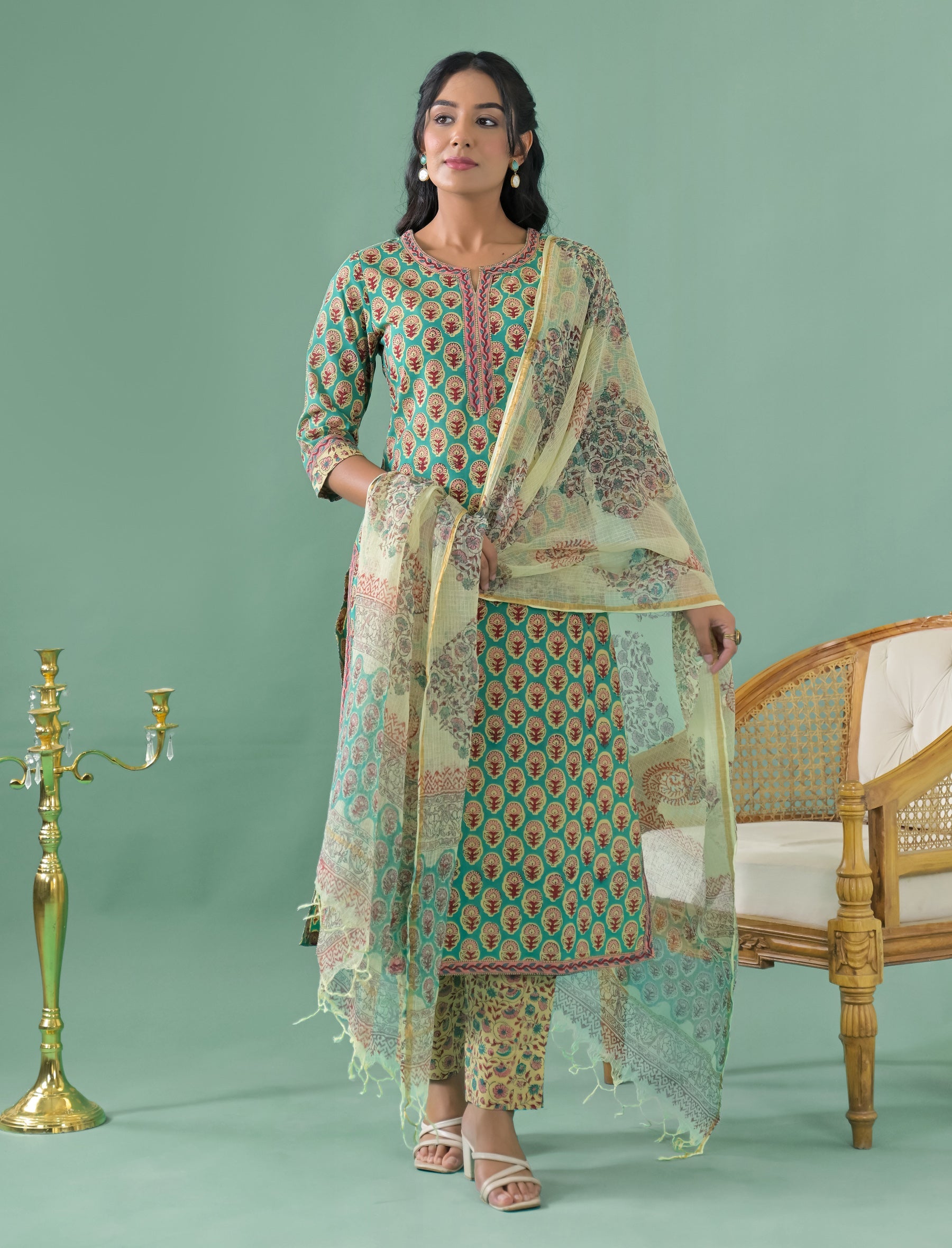 Block Printed Cotton Kurta Pant Set With Mulmul Dupatta