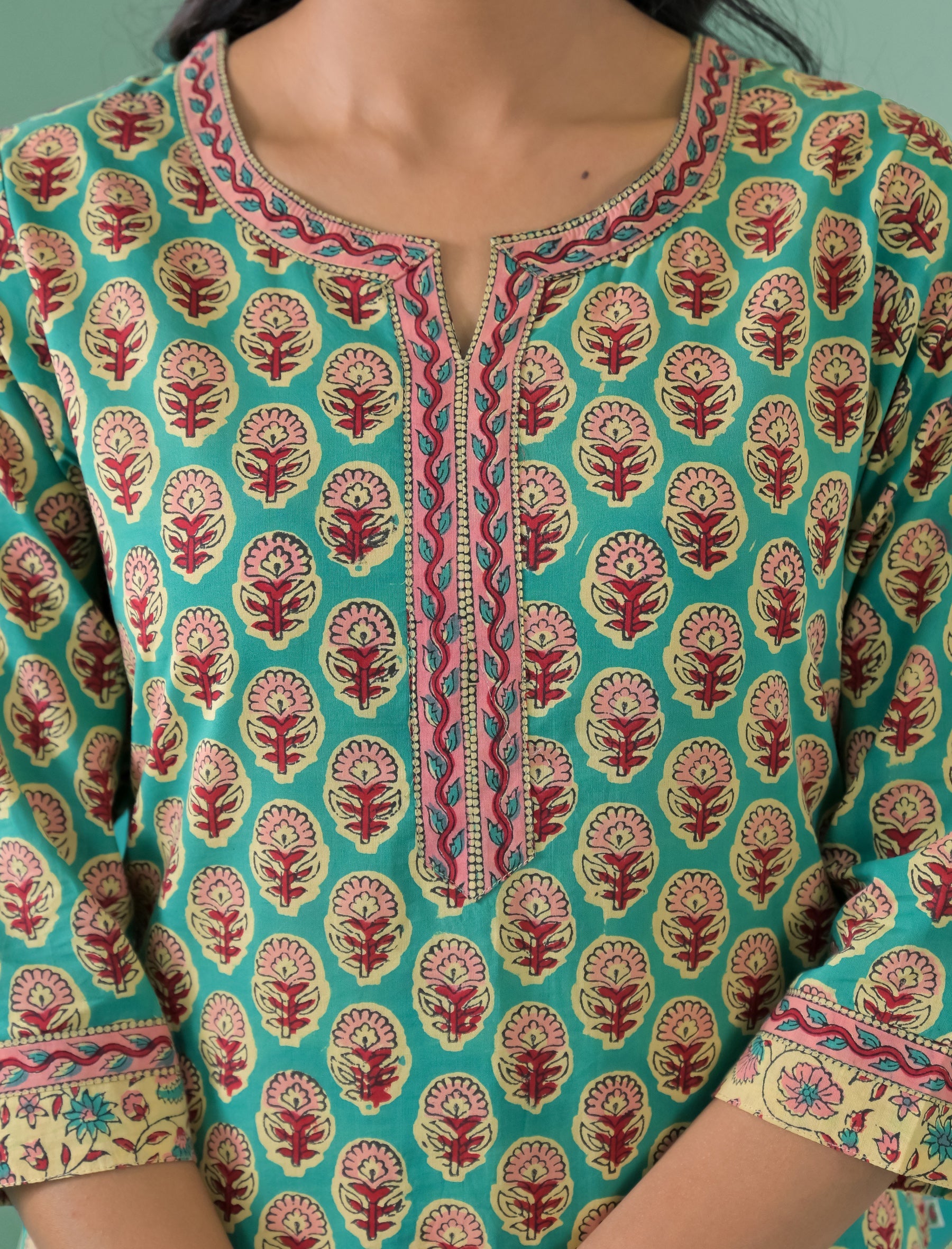 Block Printed Cotton Kurta Pant Set With Mulmul Dupatta
