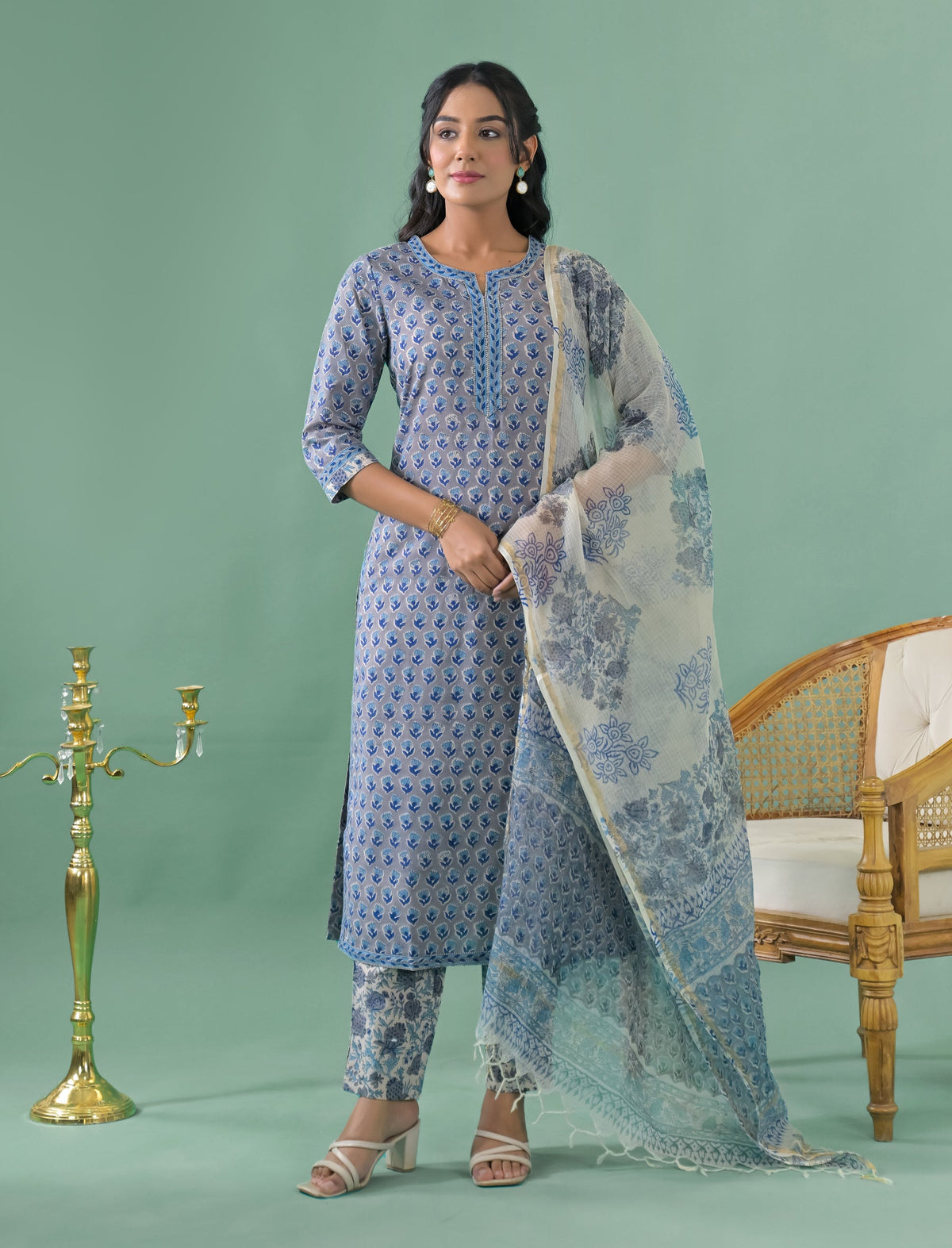 Block Printed Cotton Kurta Pant Set With Mulmul Dupatta