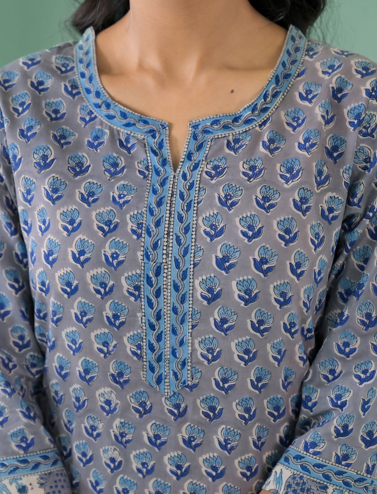 Block Printed Cotton Kurta Pant Set With Mulmul Dupatta