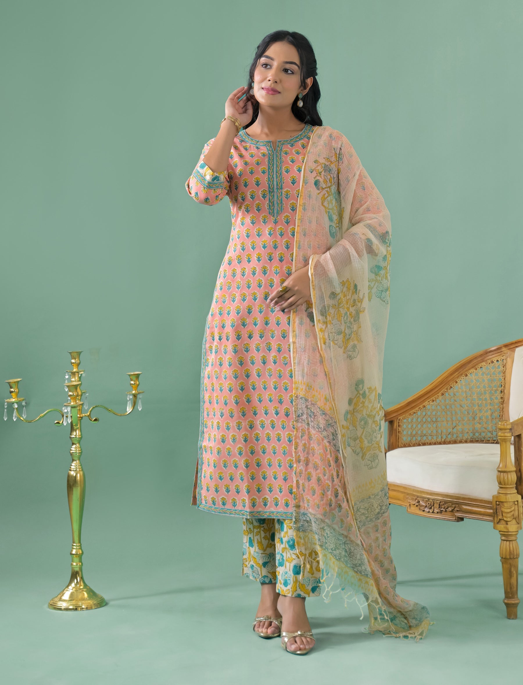 Block Printed Cotton Kurta Pant Set With Mulmul Dupatta