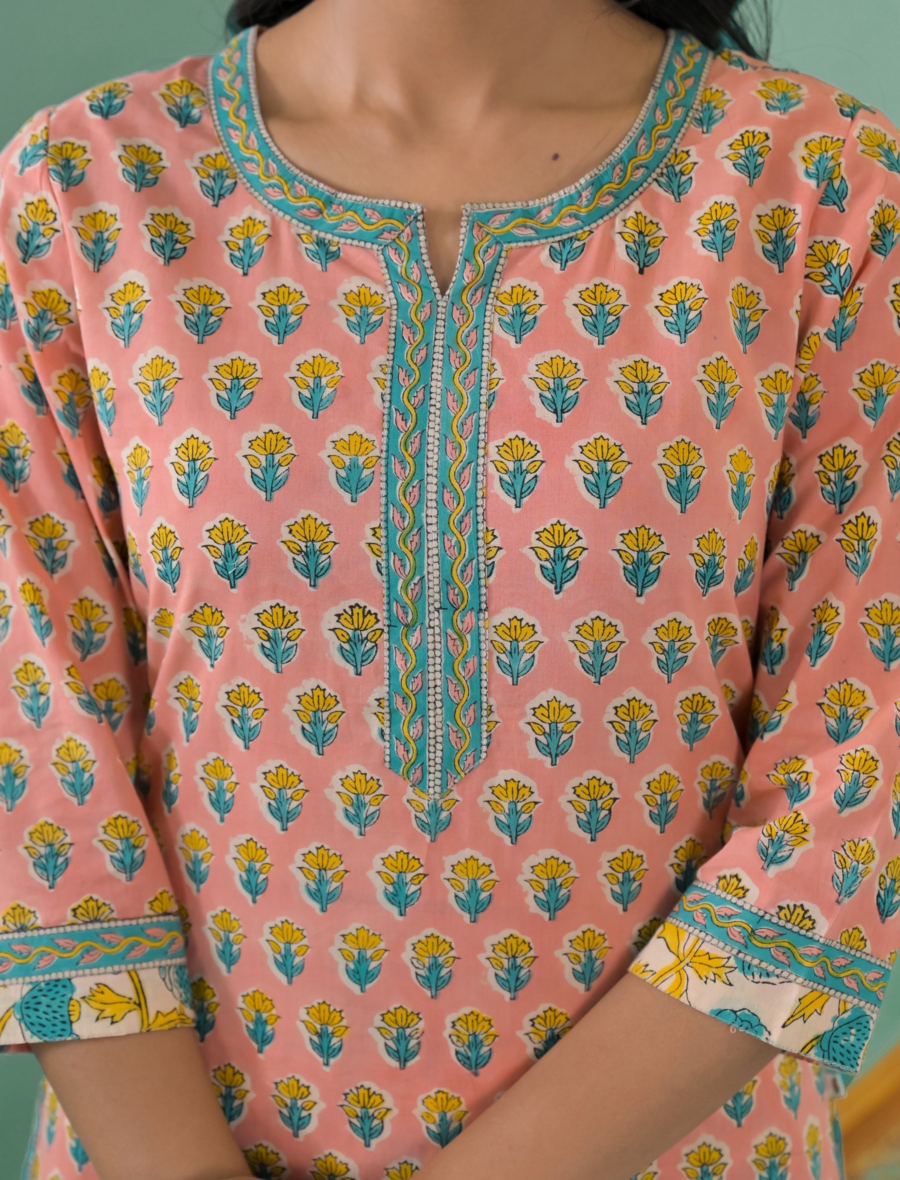 Block Printed Cotton Kurta Pant Set With Mulmul Dupatta