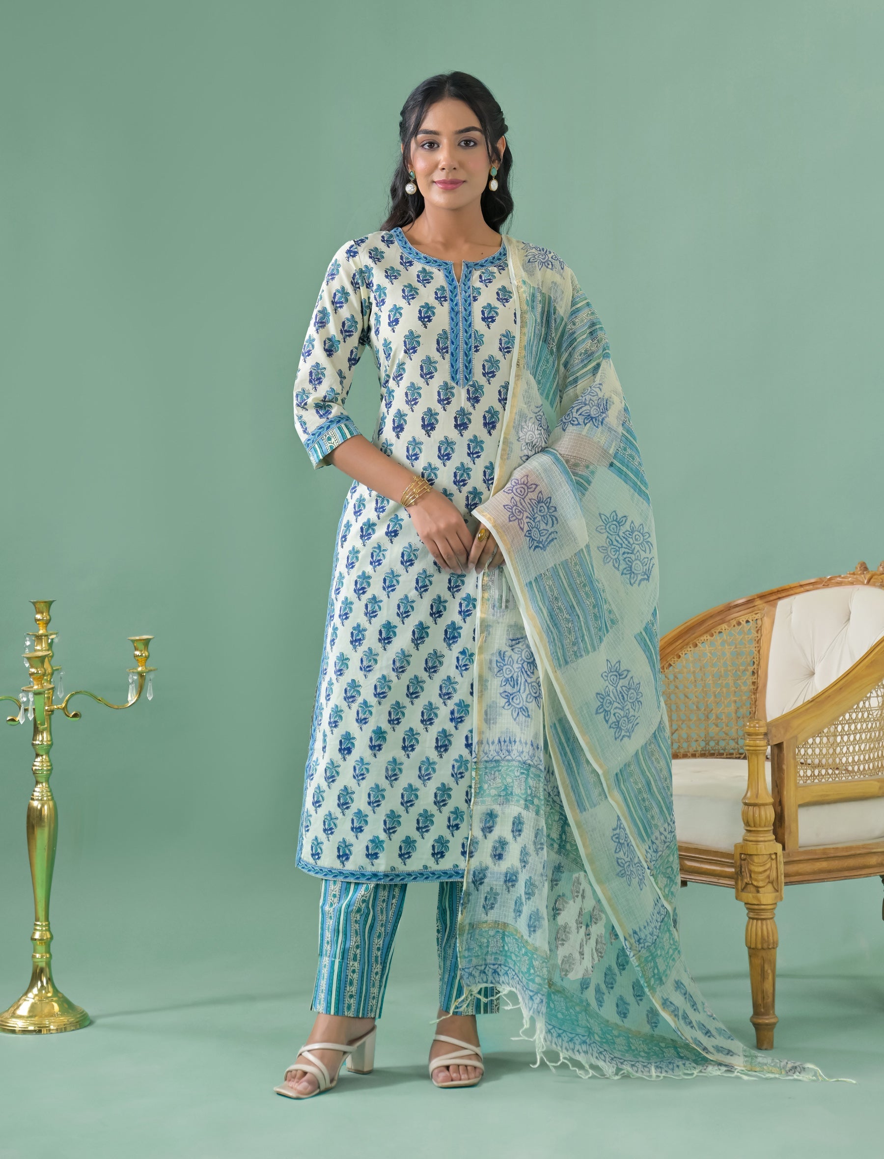 Block Printed Cotton Kurta Pant Set With Mulmul Dupatta