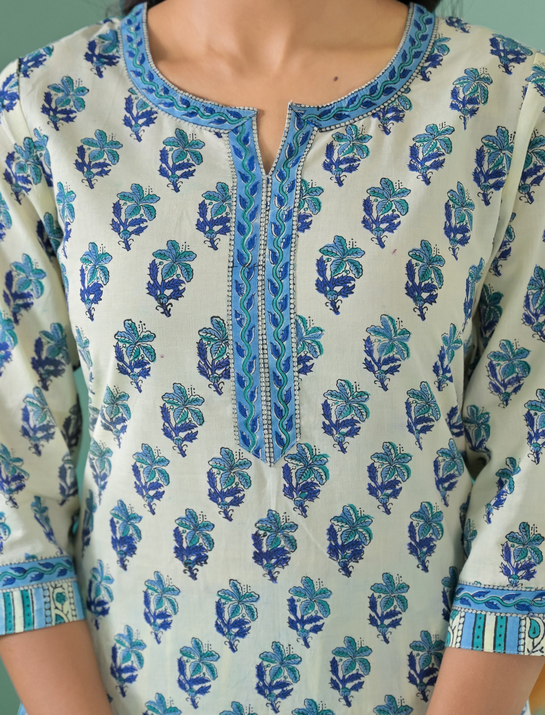 Block Printed Cotton Kurta Pant Set With Mulmul Dupatta