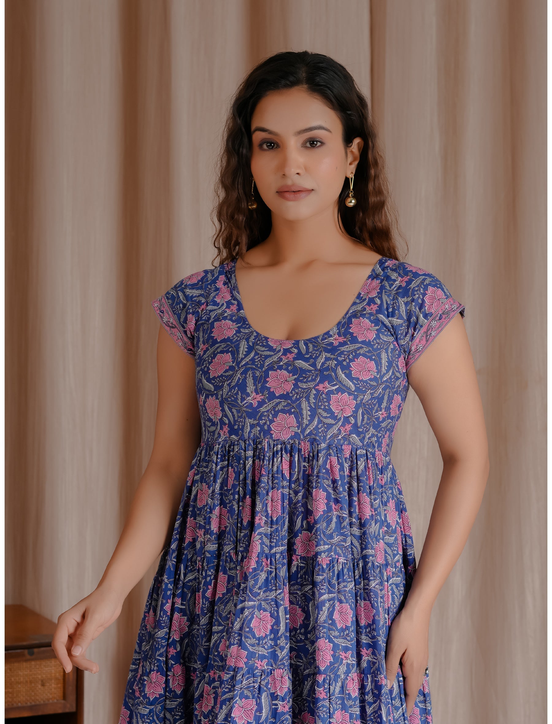 Blue Mulmul Cotton Hand Block Printed Dress
