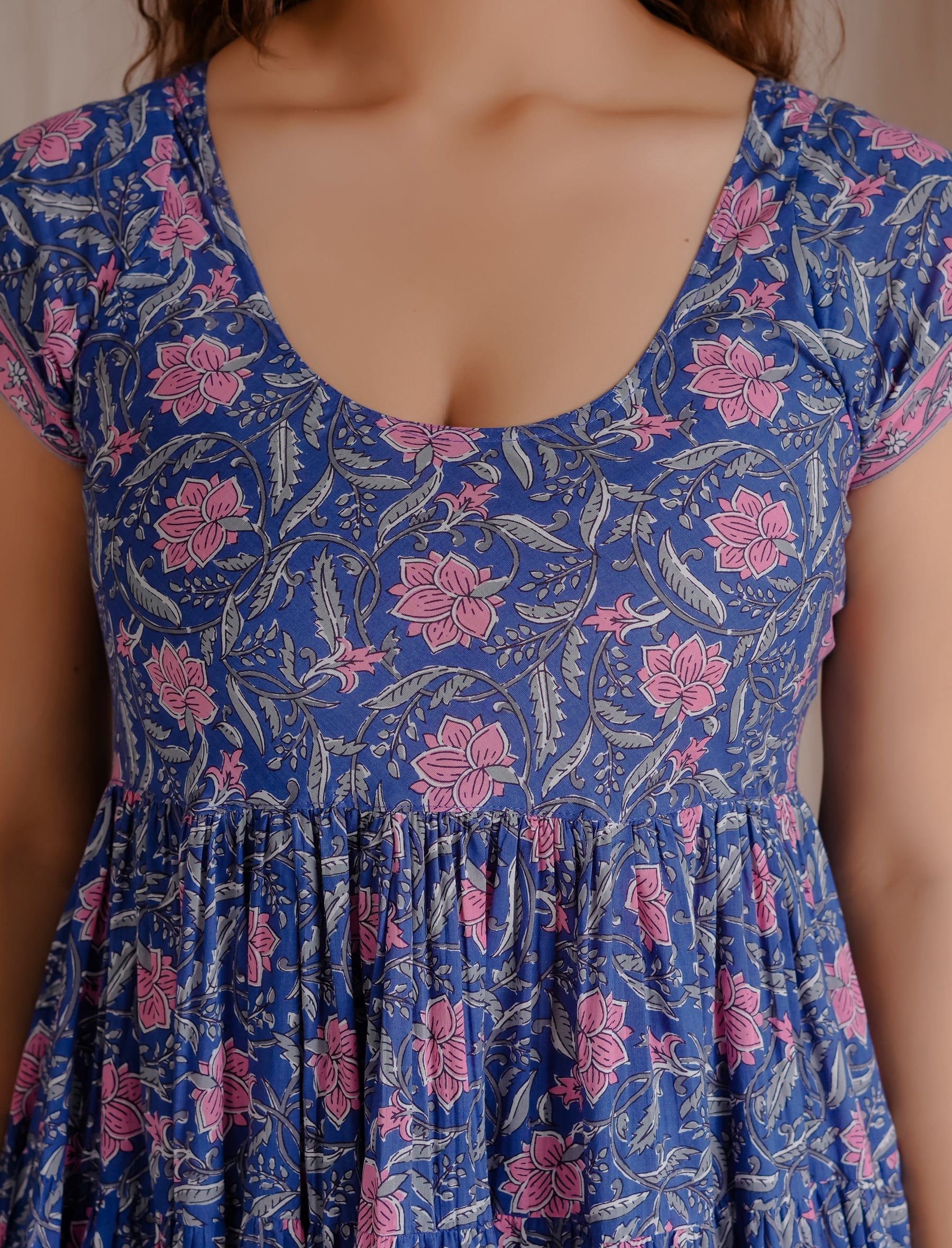 Blue Mulmul Cotton Hand Block Printed Dress