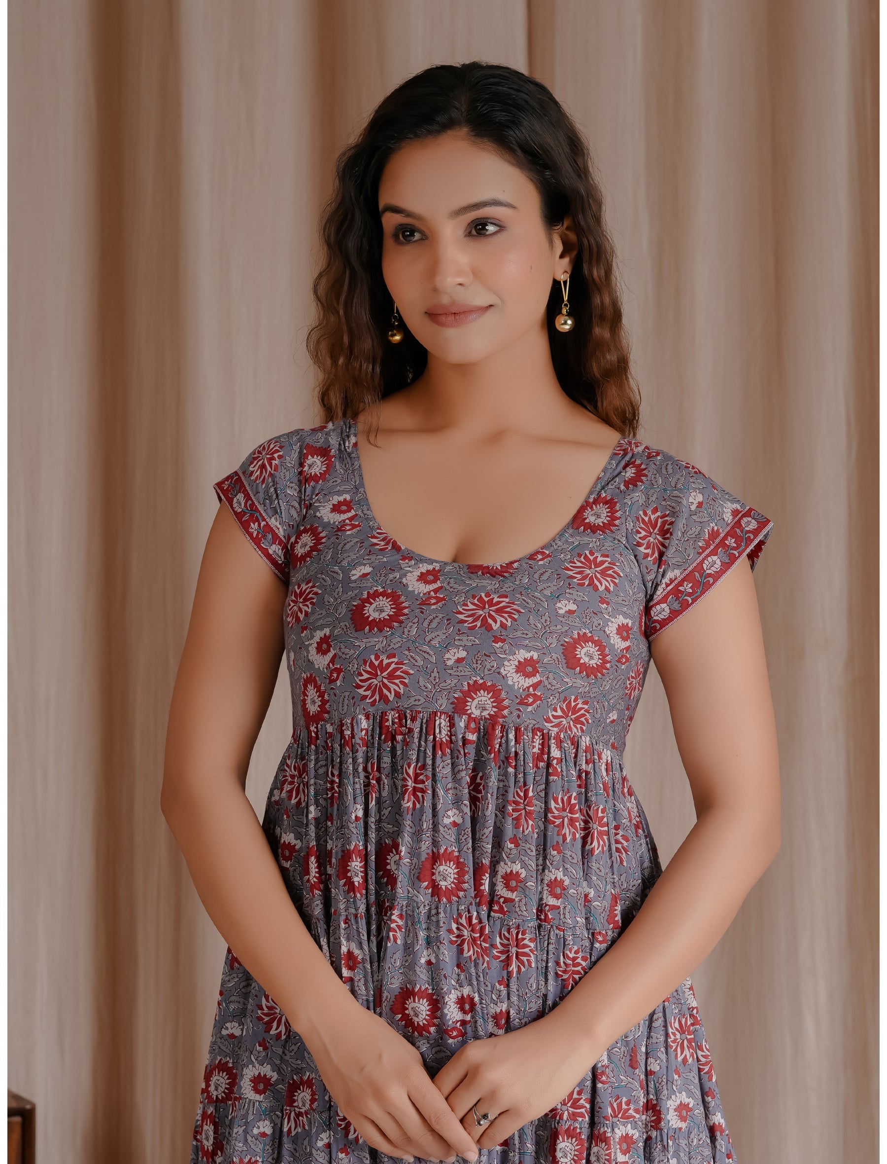 Grey Mulmul Cotton Hand Block Printed Dress