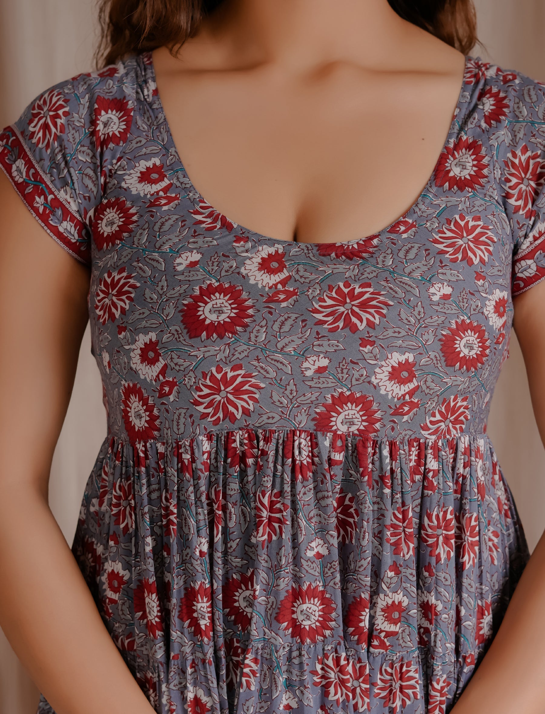 Grey Mulmul Cotton Hand Block Printed Dress