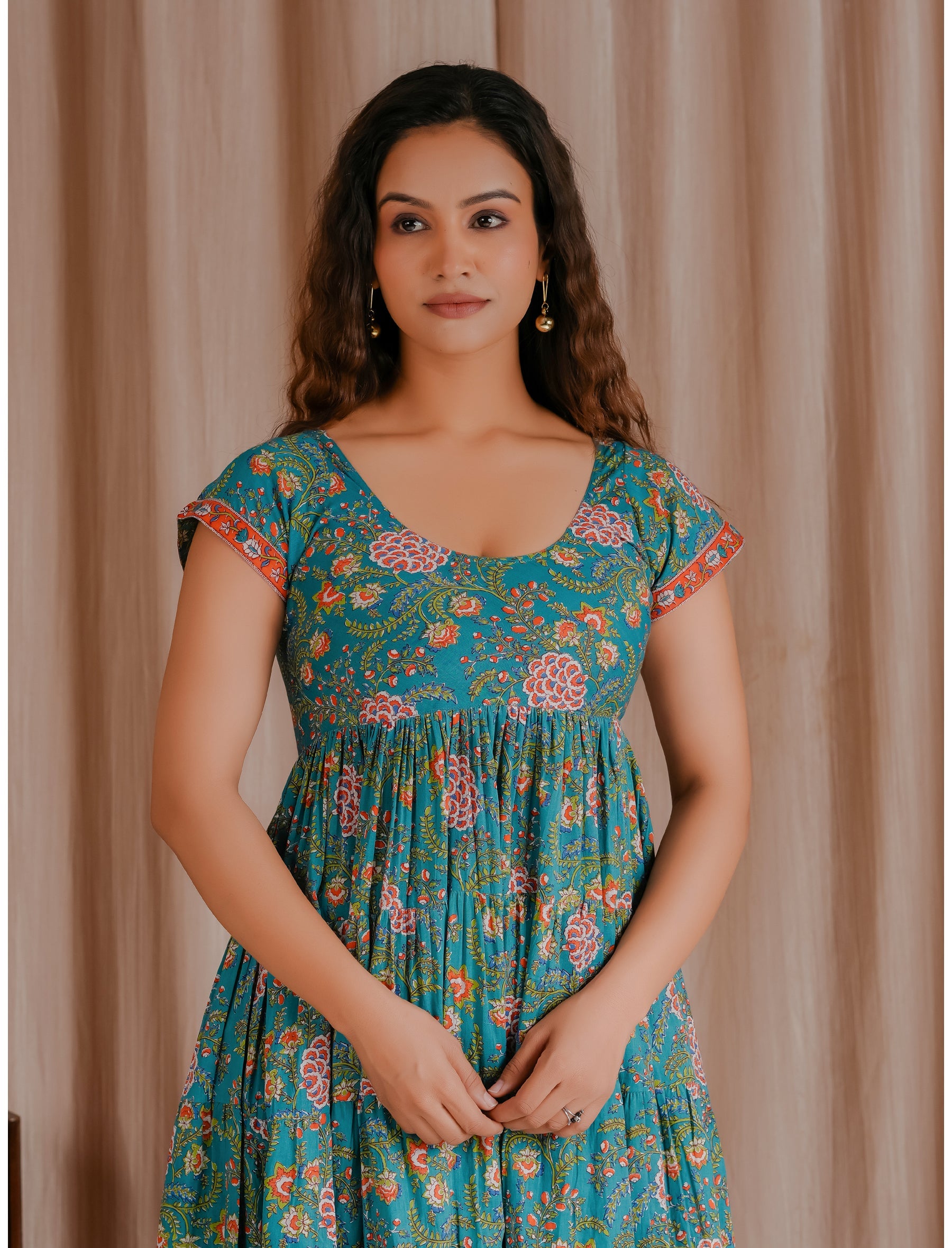 Green Mulmul Cotton Hand Block Printed Dress