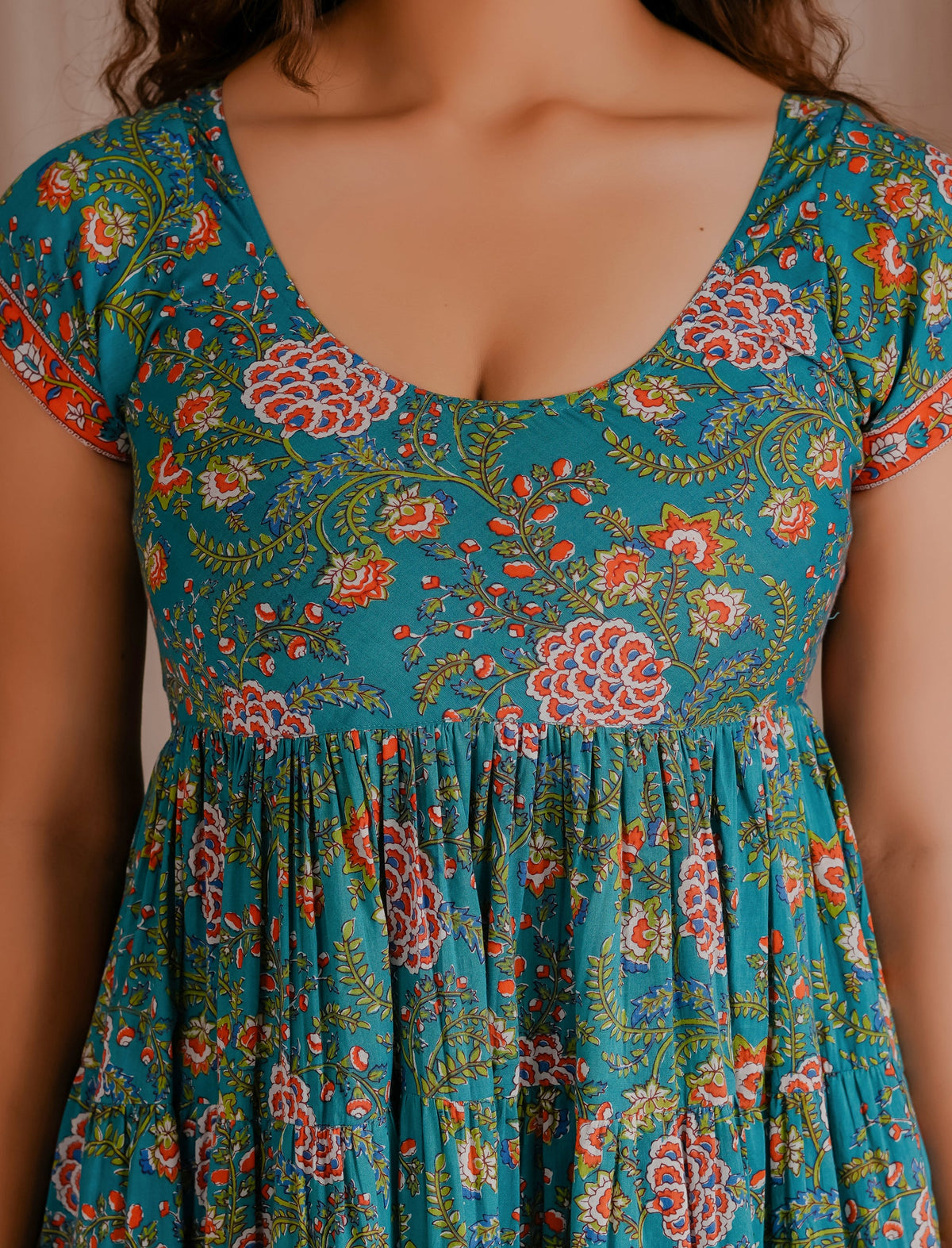 Green Mulmul Cotton Hand Block Printed Dress