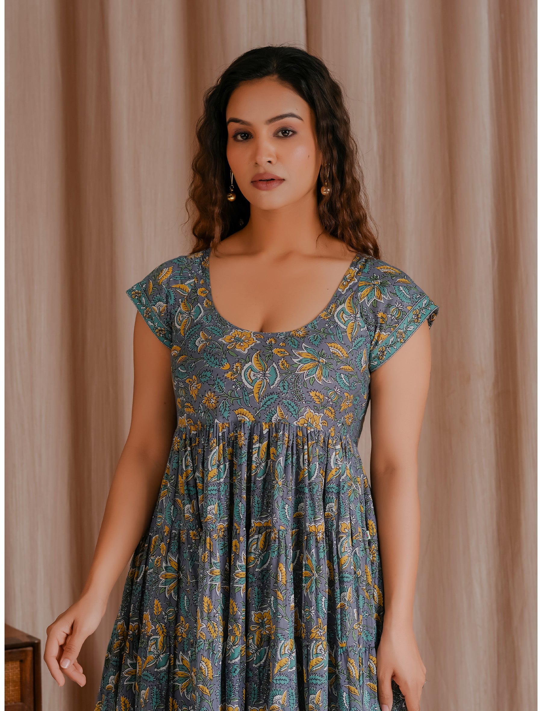 Grey Mulmul Cotton Hand Block Printed Dress