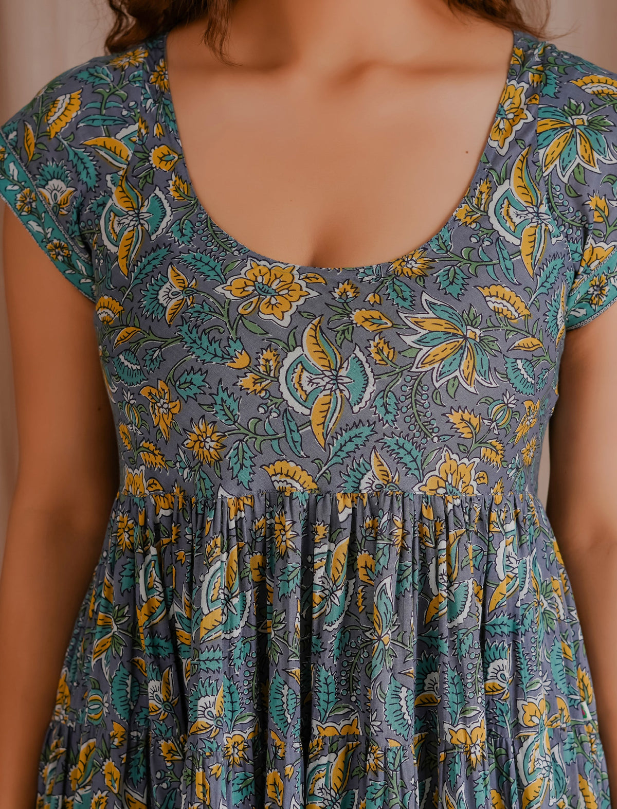 Grey Mulmul Cotton Hand Block Printed Dress