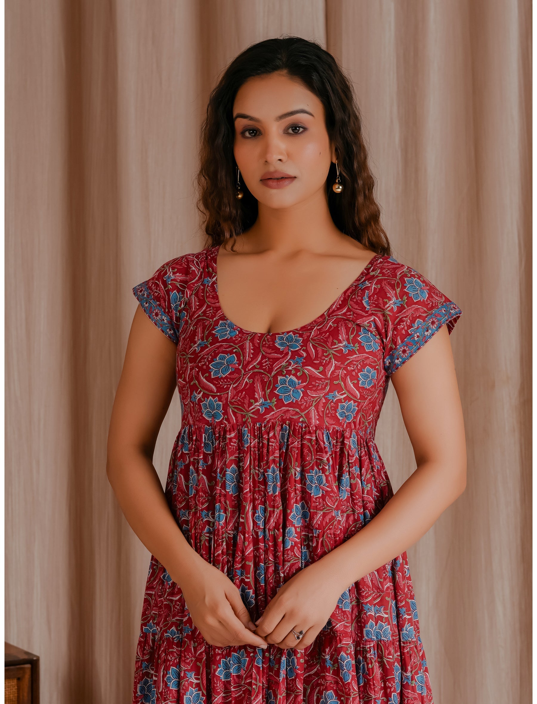 Red Mulmul Cotton Hand Block Printed Dress