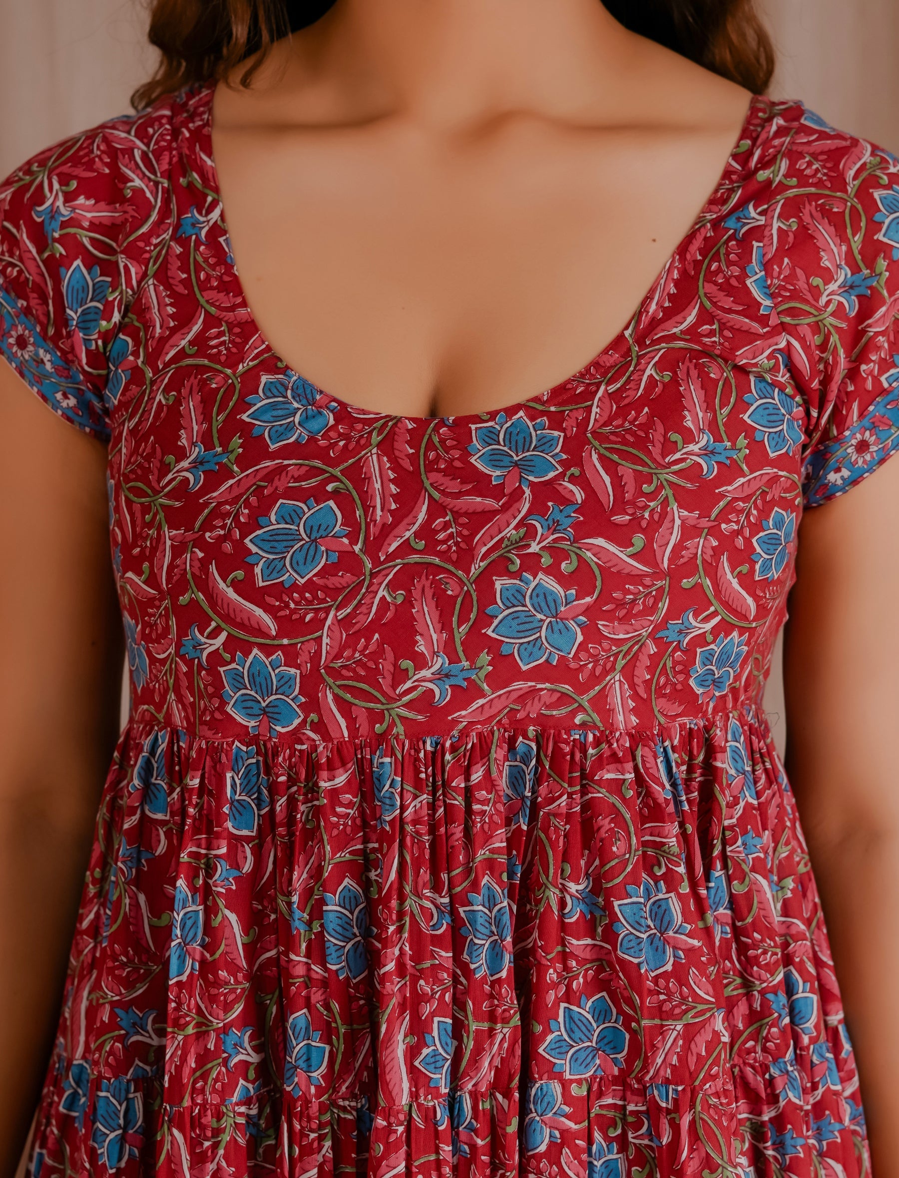 Red Mulmul Cotton Hand Block Printed Dress