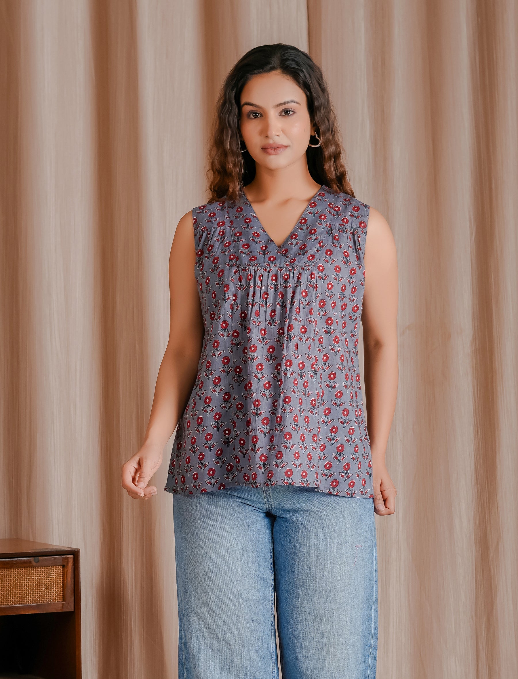 Dark Grey Butti Cotton Mulmul Block Printed Cotton Short Top