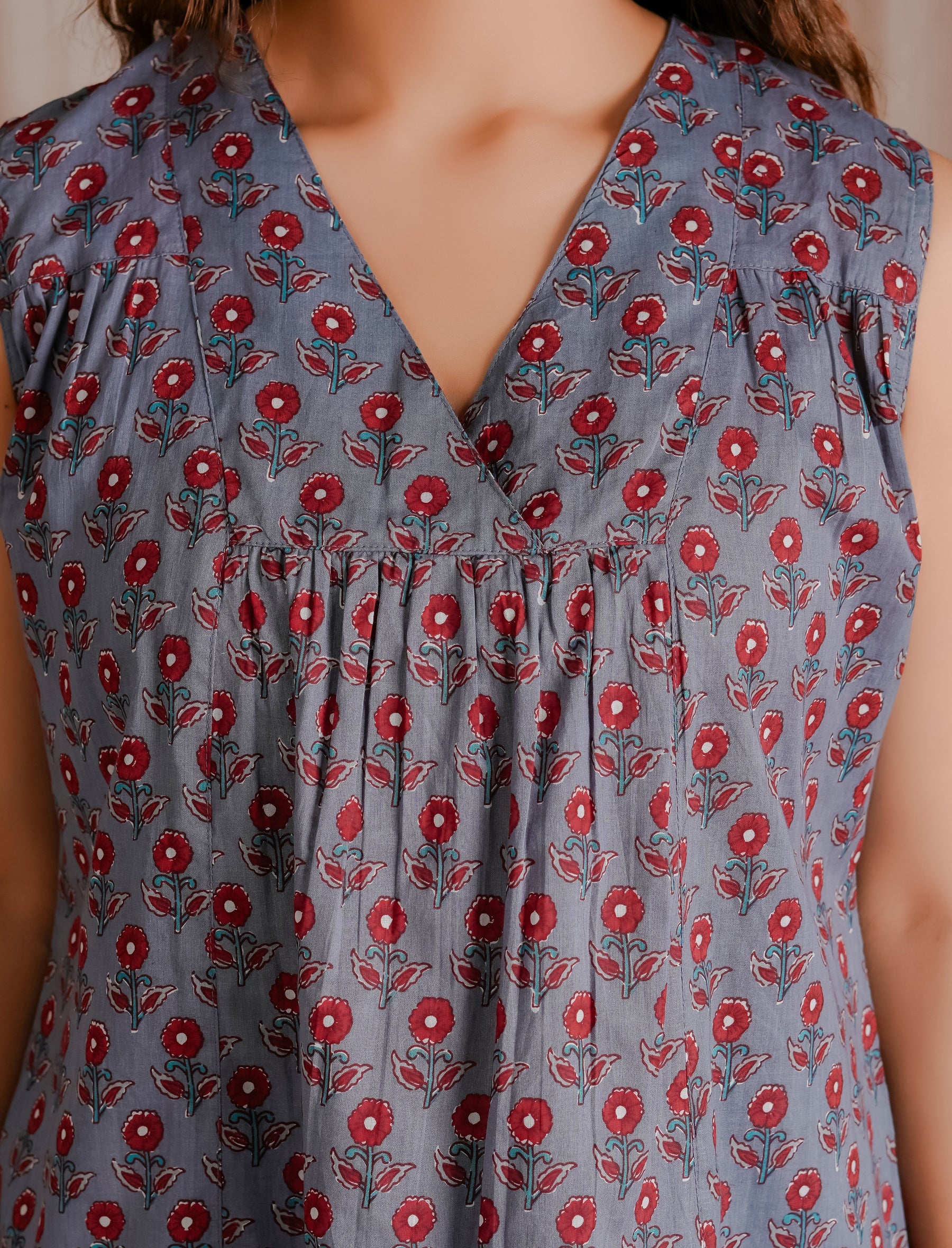Dark Grey Butti Cotton Mulmul Block Printed Cotton Short Top