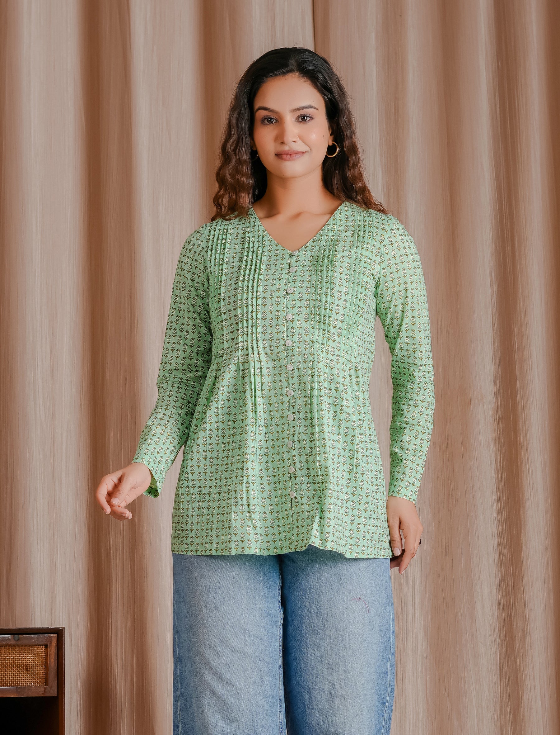 Pastel Green Butti Cotton Short Top