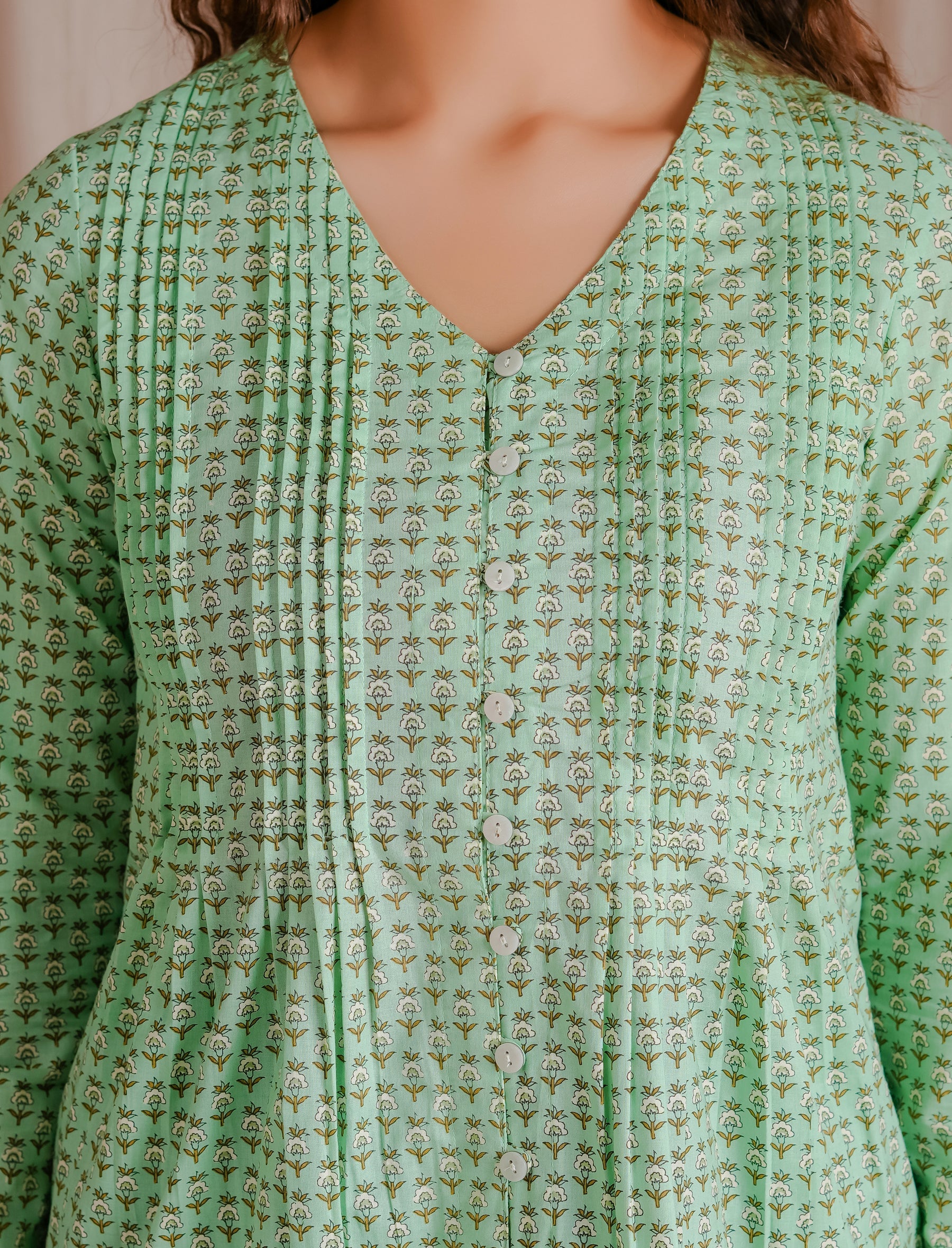 Pastel Green Butti Cotton Short Top