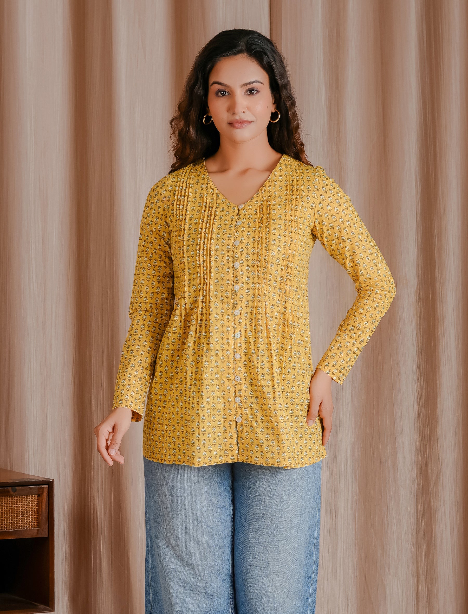 Yellow Green Butti Cotton Short Top