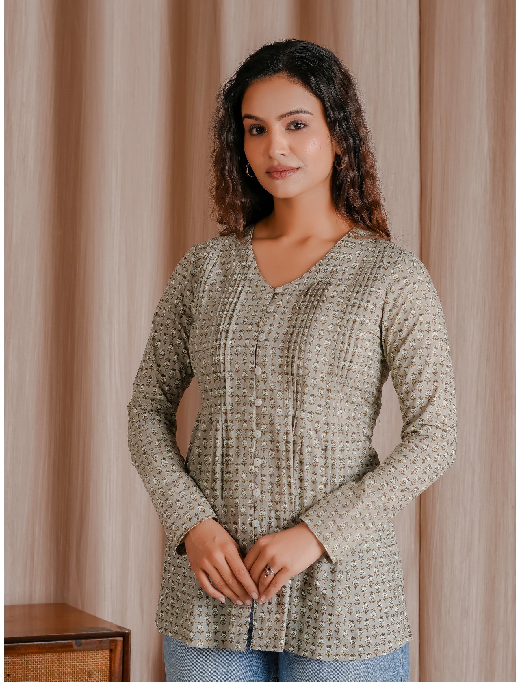 Grey Green Butti Cotton Short Top
