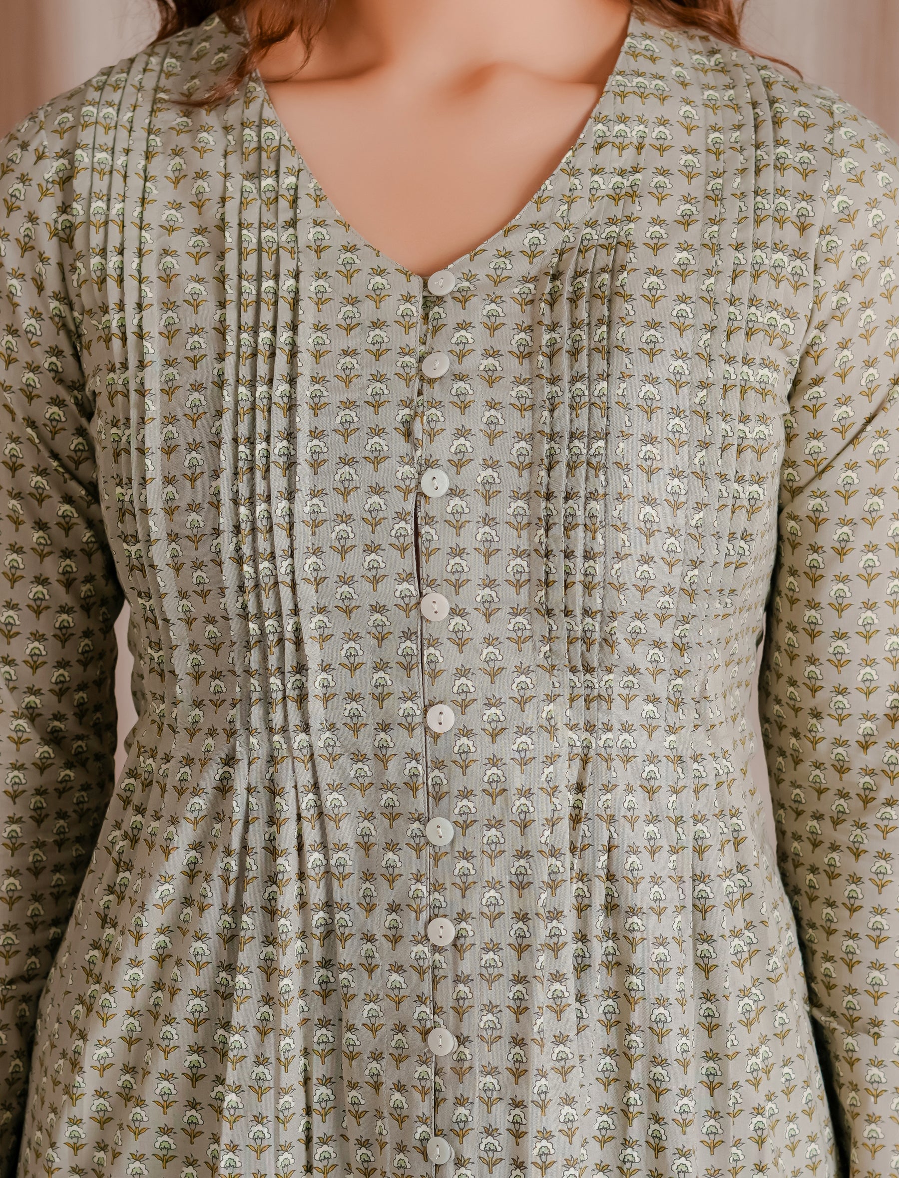 Grey Green Butti Cotton Short Top