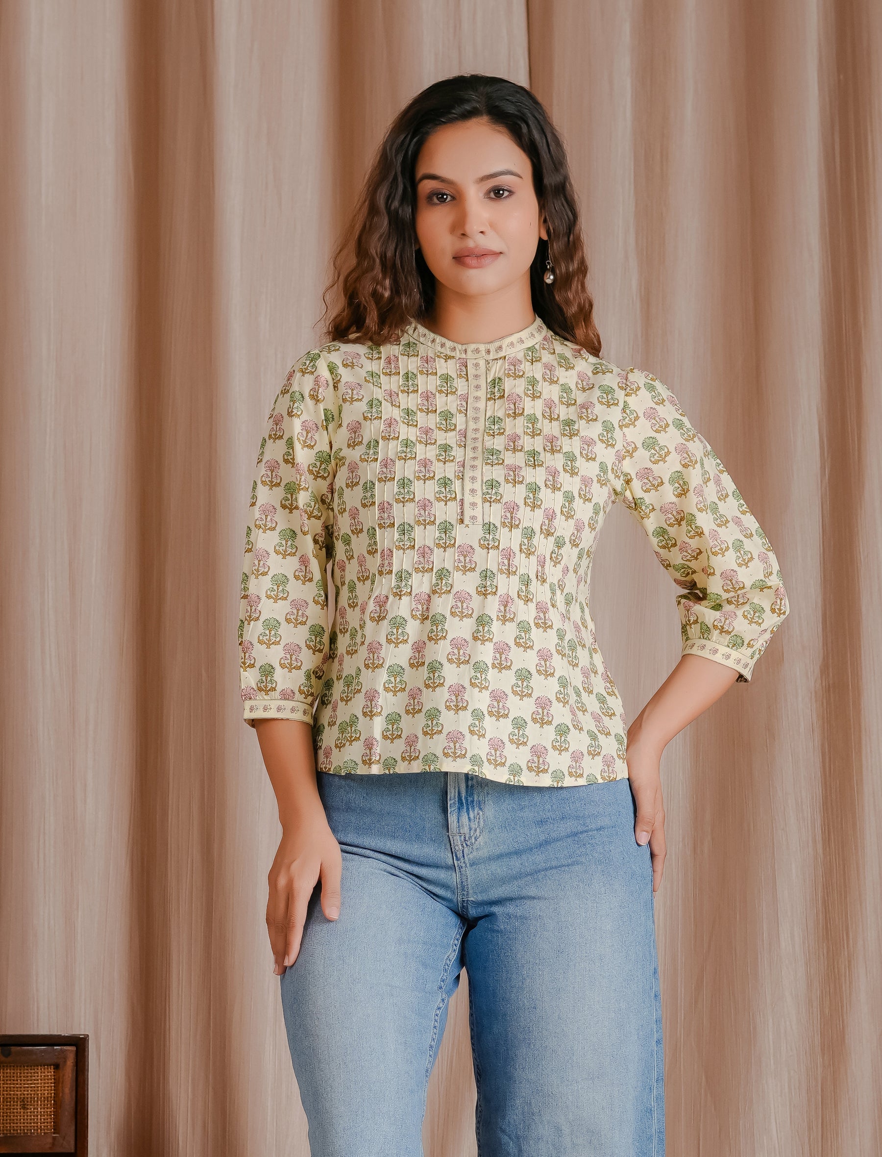 Cream Butti Cotton Pintux Style Short Top