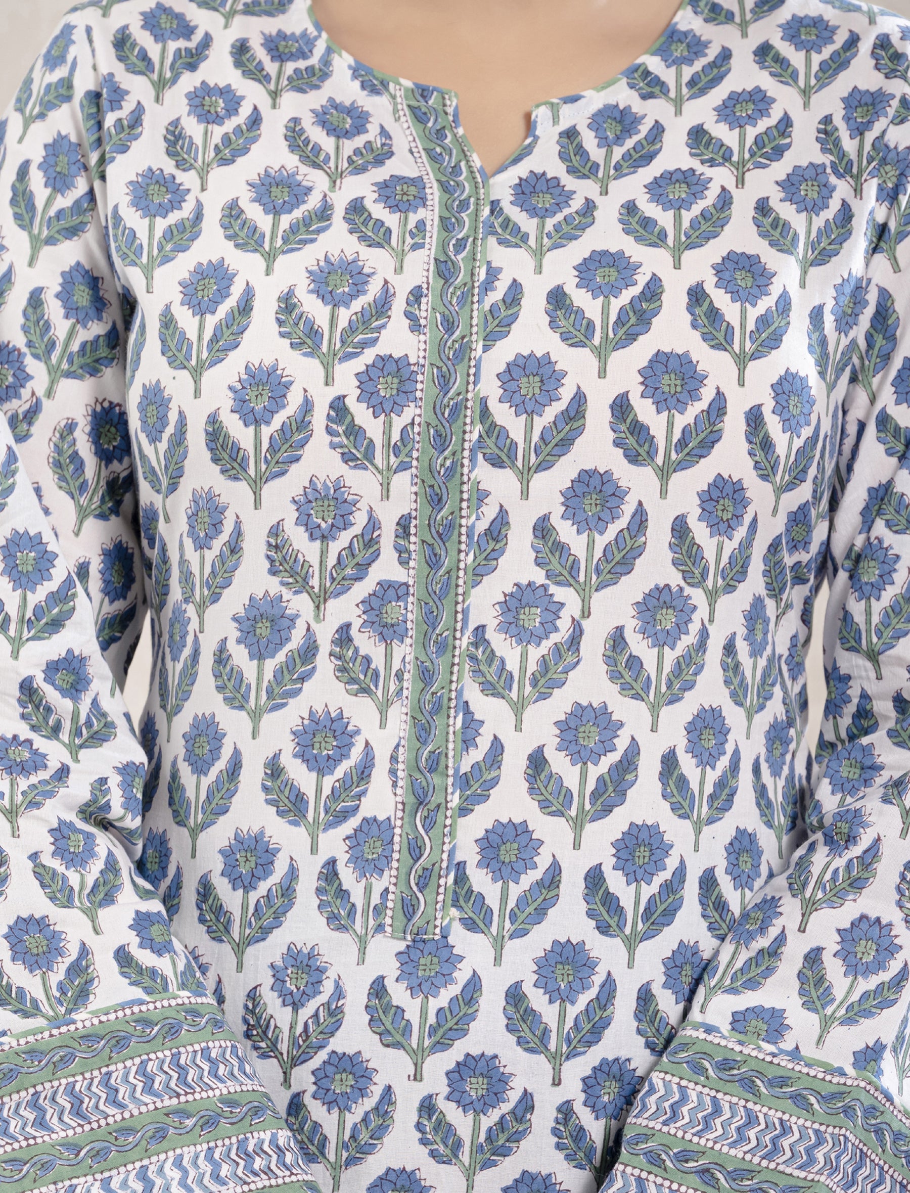 White Blue Cotton Printed Kurta Pant Set
