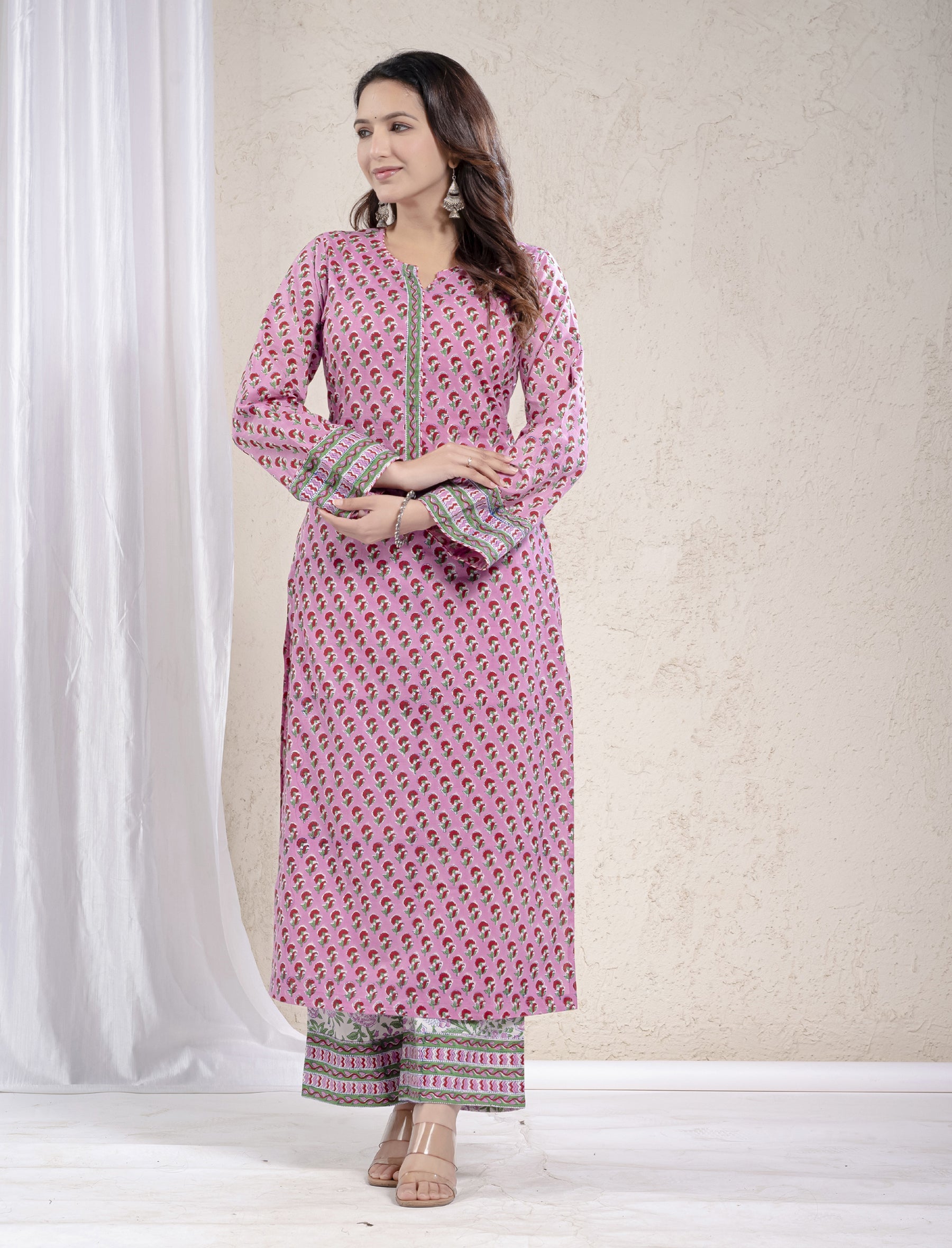 Pink Cotton Printed Kurta Pant Set