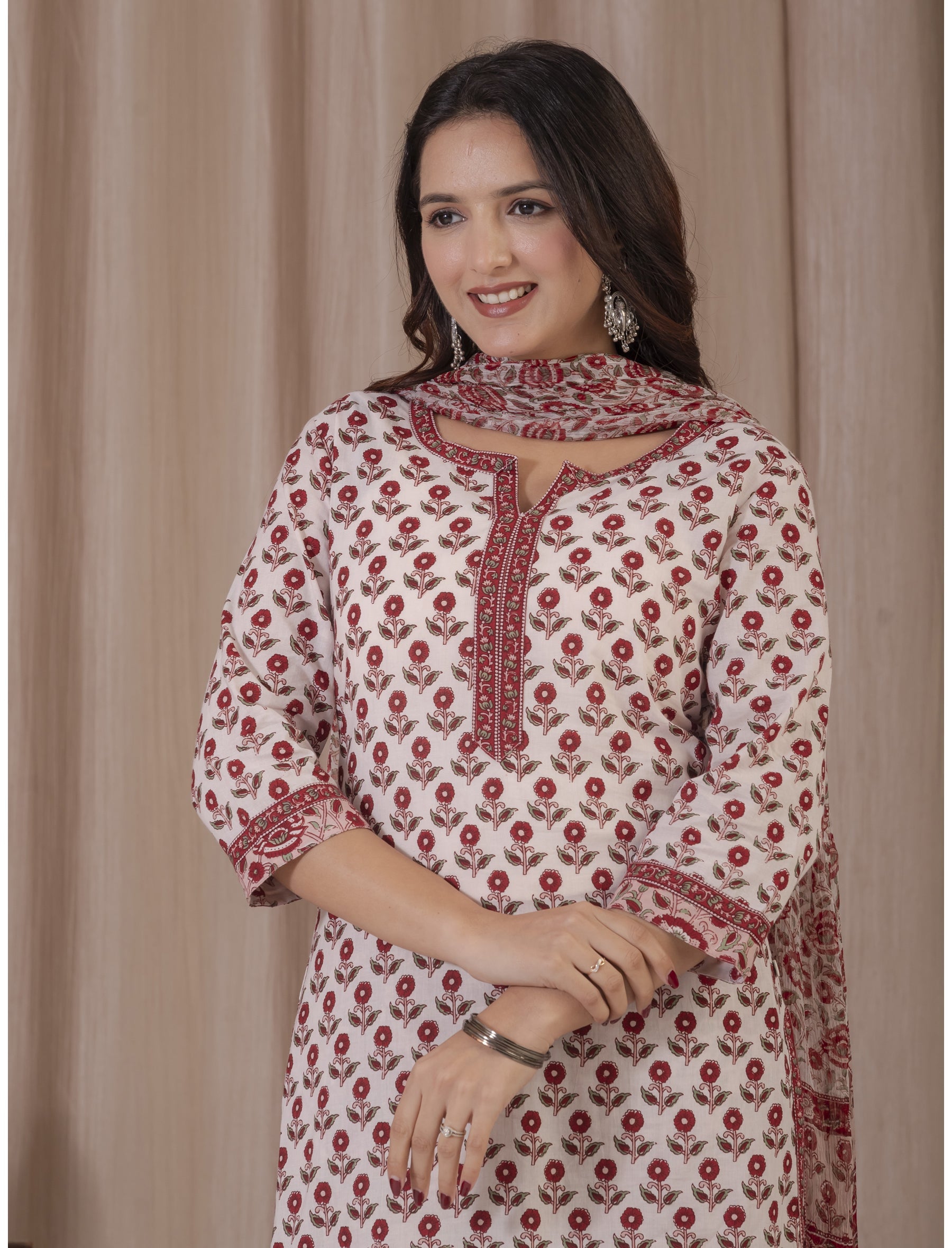 White Red Hand Block Printed Cotton Kurta Pant Set