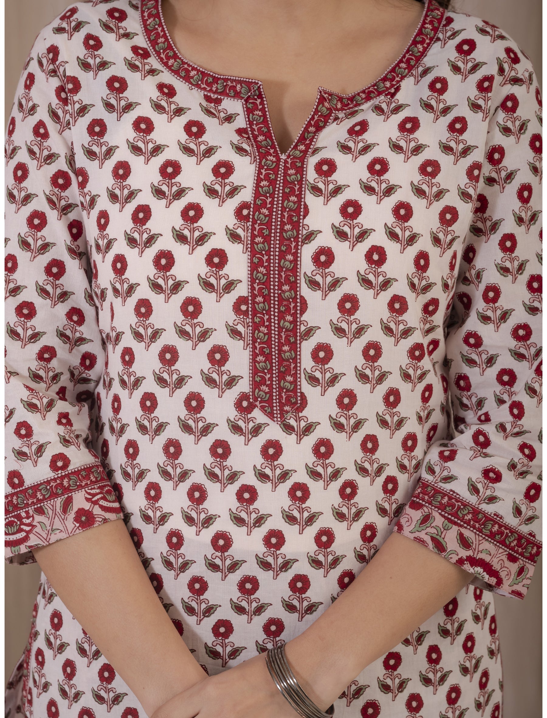White Red Hand Block Printed Cotton Kurta Pant Set