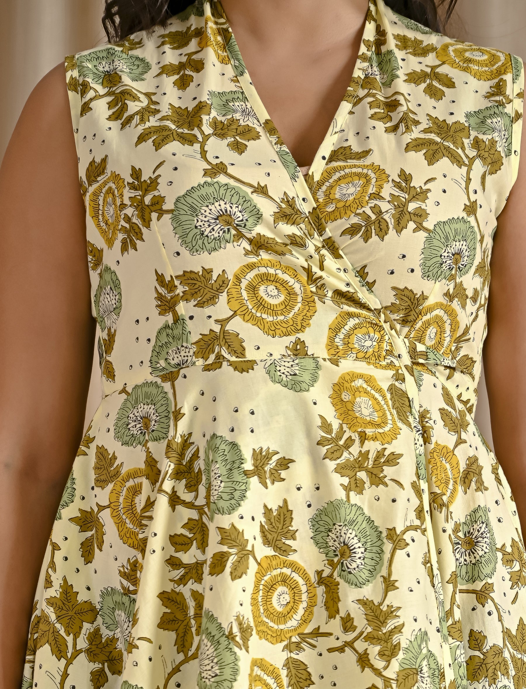 Cream Mustard Jaal Cotton Printed High-Low Dress