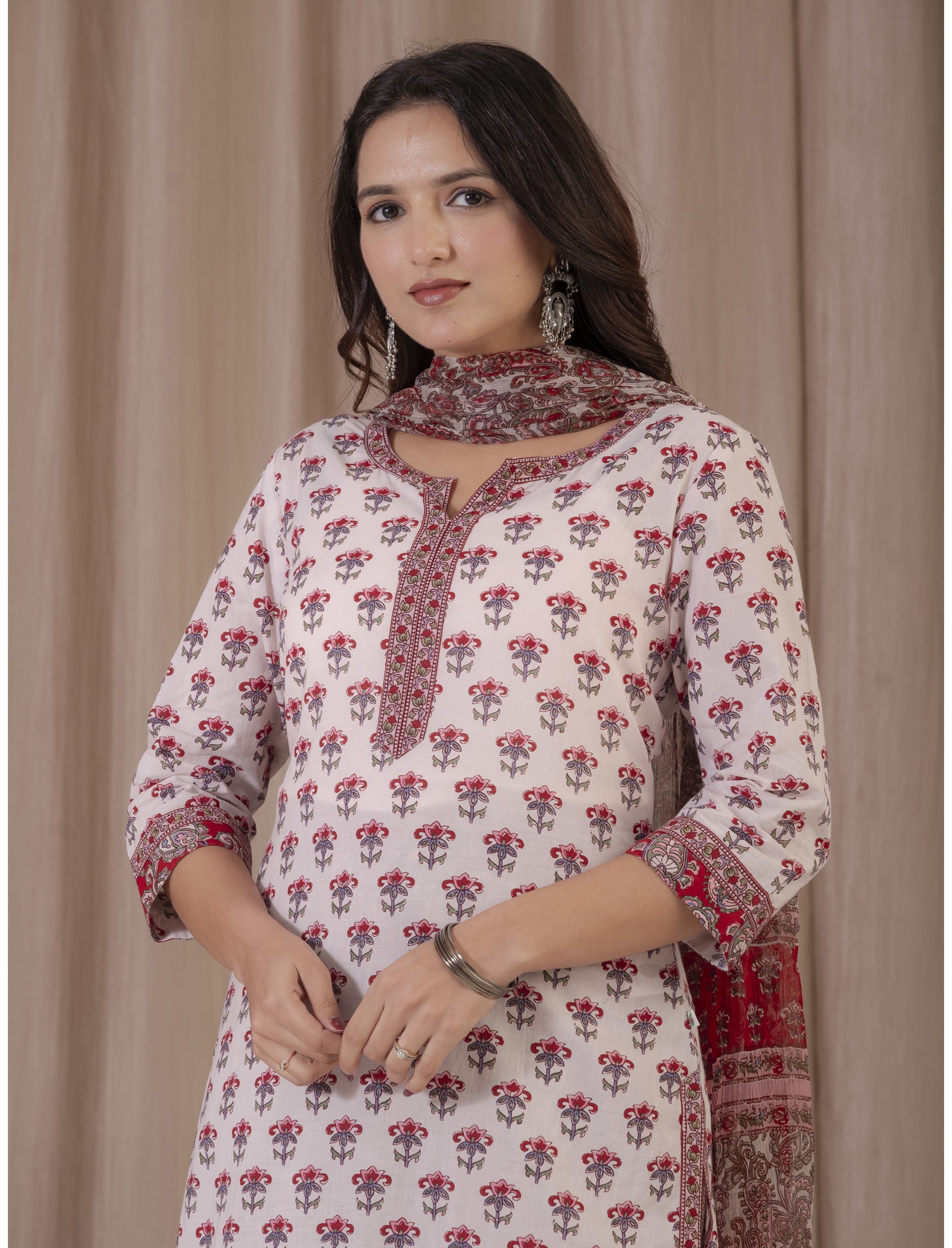 White Pink Hand Block Printed Cotton Kurta Pant Set