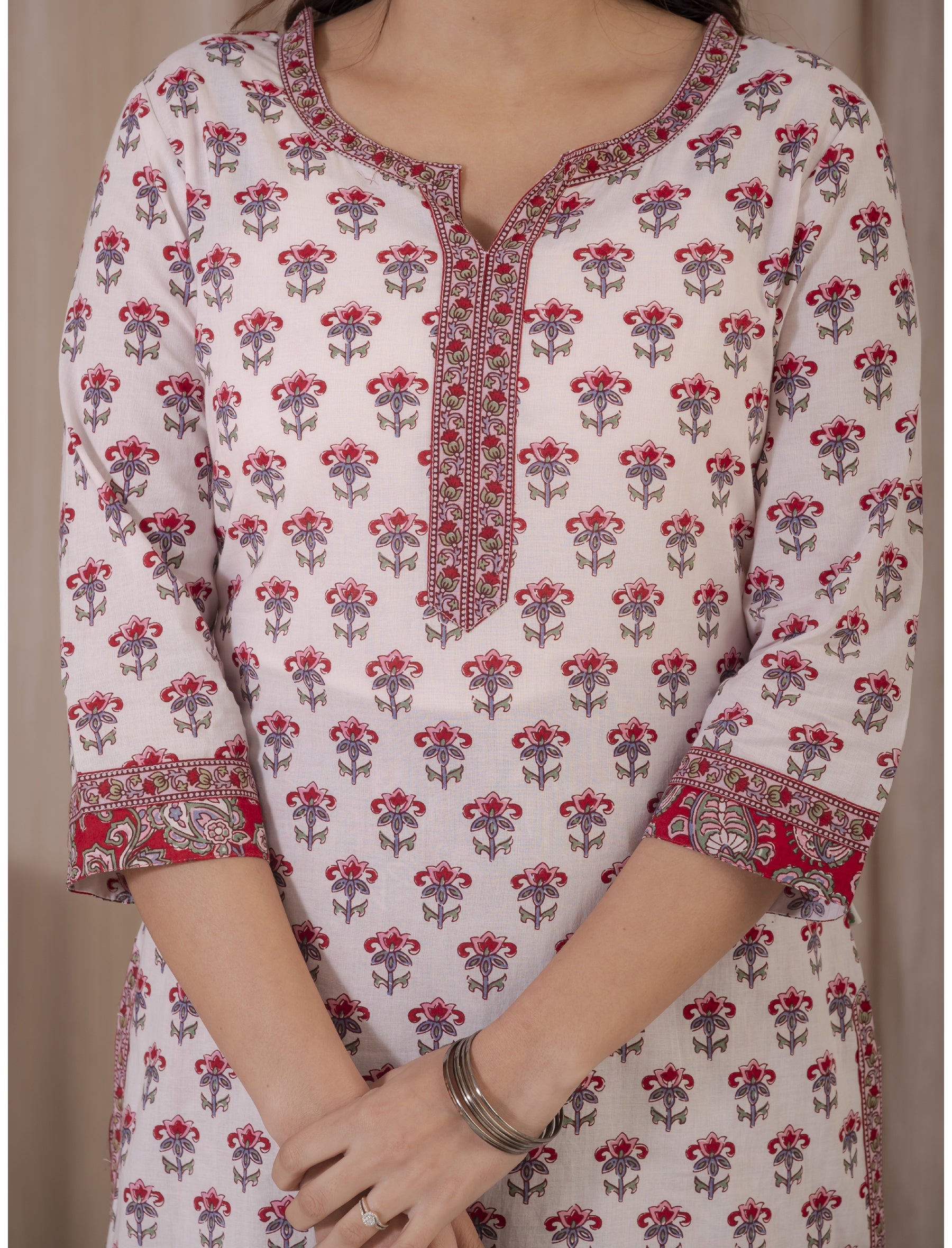 White Pink Hand Block Printed Cotton Kurta Pant Set