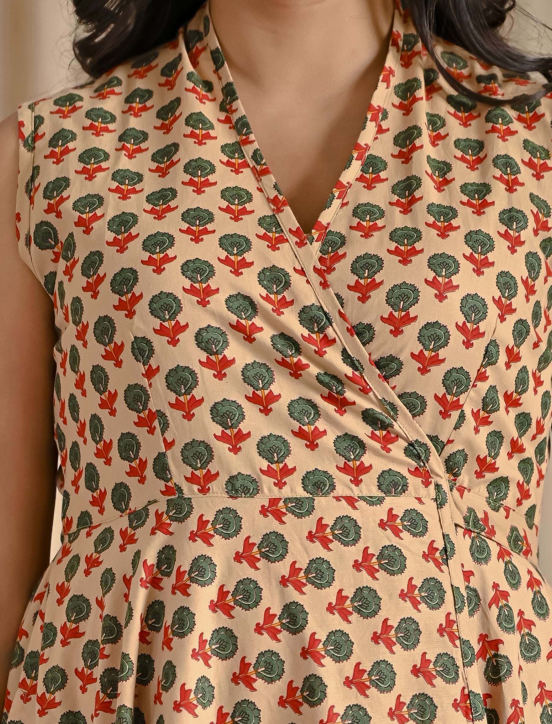 Beige Green Butti Cotton Printed High-Low Dress