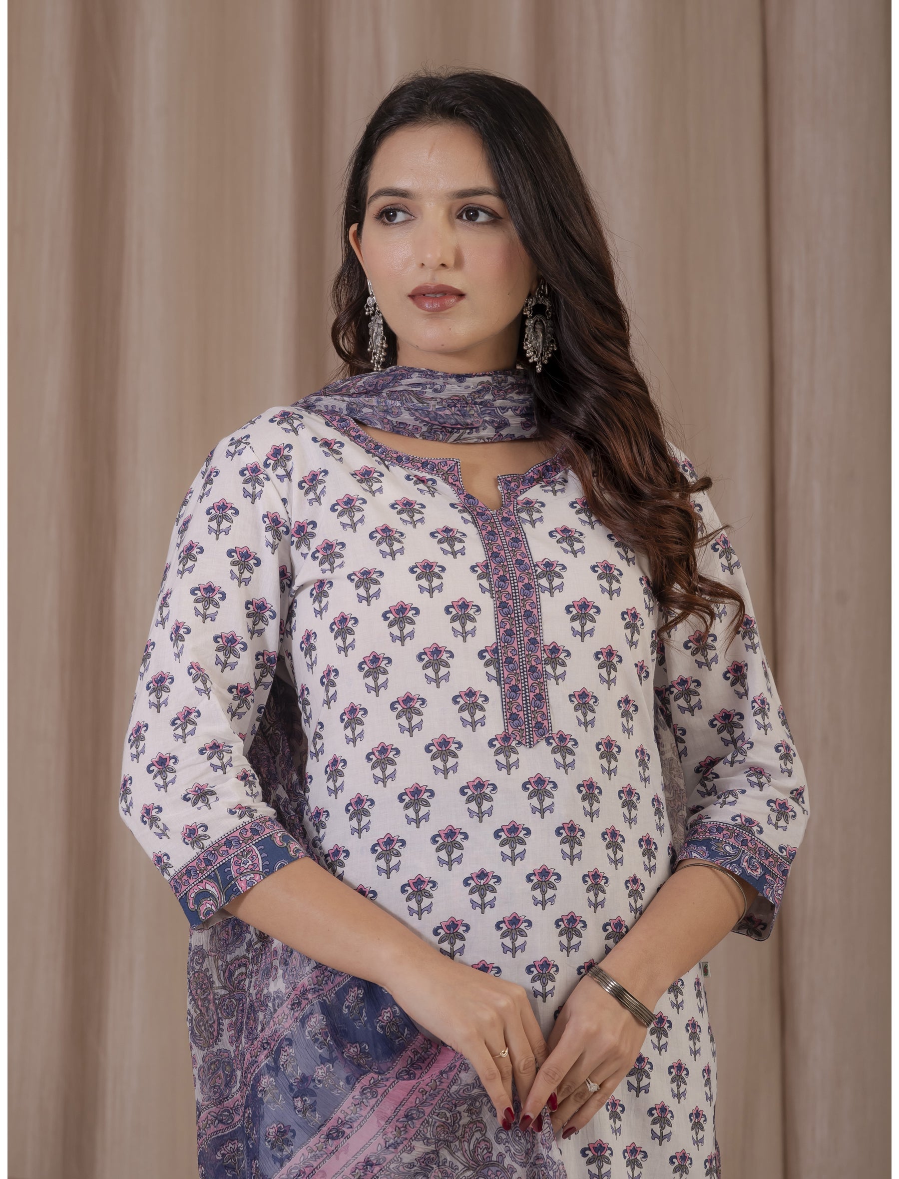 White Grey Hand Block Printed Cotton Kurta Pant Set