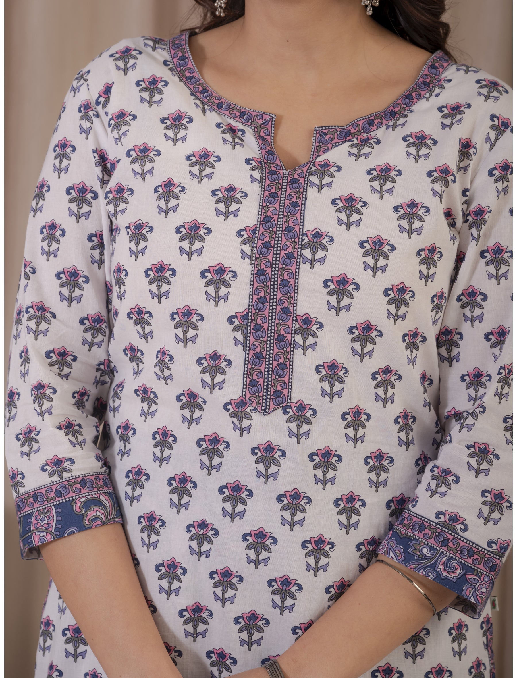 White Grey Hand Block Printed Cotton Kurta Pant Set